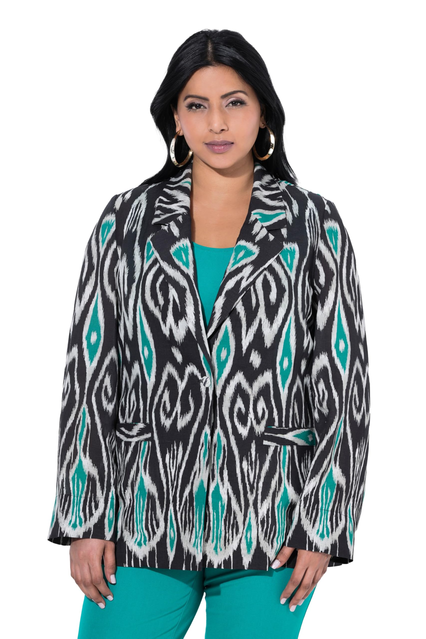 Ulla Popken Damen große Größen Übergrößen Plus Size Leinenmix-Blazer, grafischer Druck, Reverskragen 839961