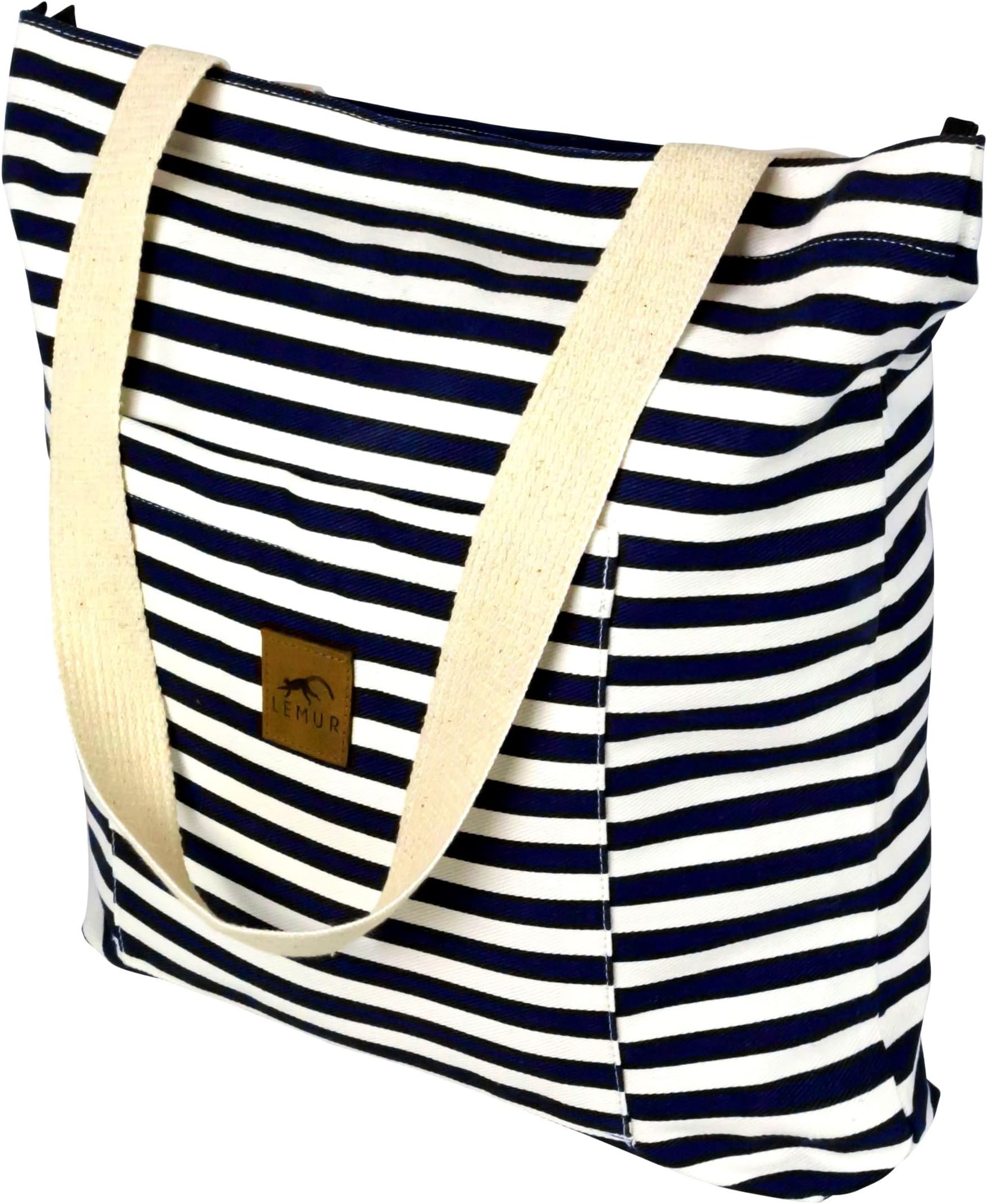 Canvas Shoulder Tote Bag - Large Eco-Friendly Zippered Tote with Front Pocket