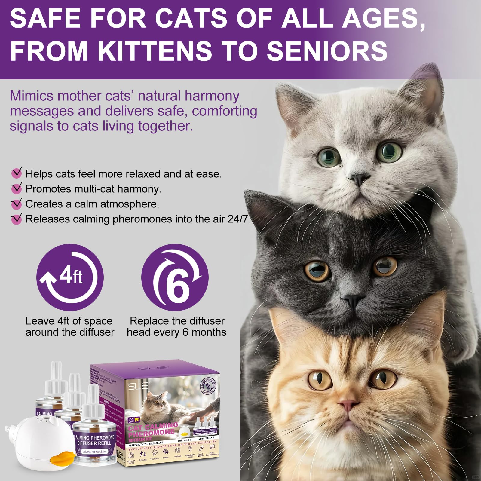 SLE Cat Pheromones Calming Diffuser: 1 Cat Calming Diffusers & 3 Refills, Relieve Anxiety Stress Reduce Spraying Fighting and Scratching Fits All Cats & Kittens - image 5