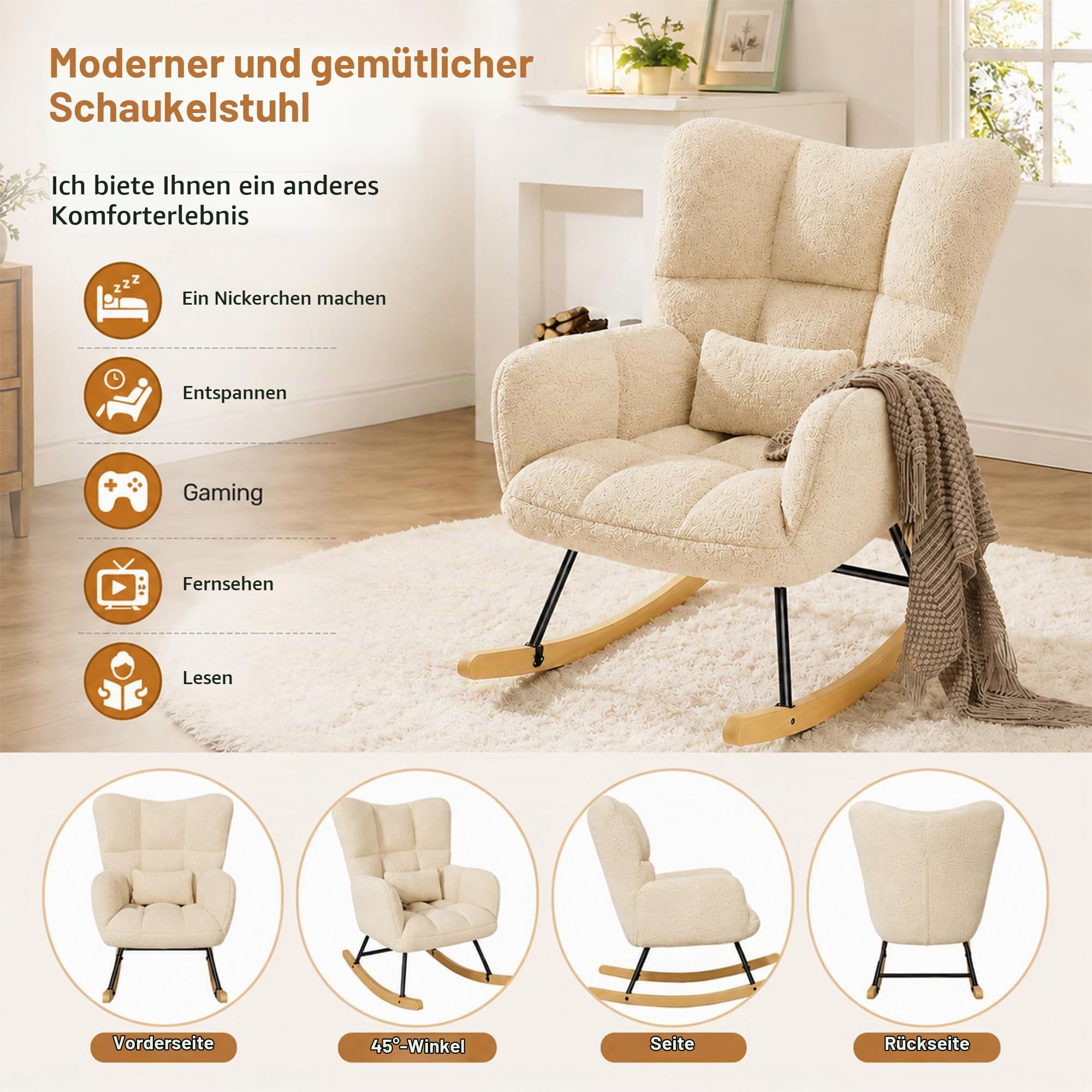 Schaukelstuhl, Loungesessel, Stillstuhl, Wohnzimmersessel, Schaukelsessel aus Teddy-Stoff mit Metallgestell & Holzschaukel und Lendenkissen, Beige