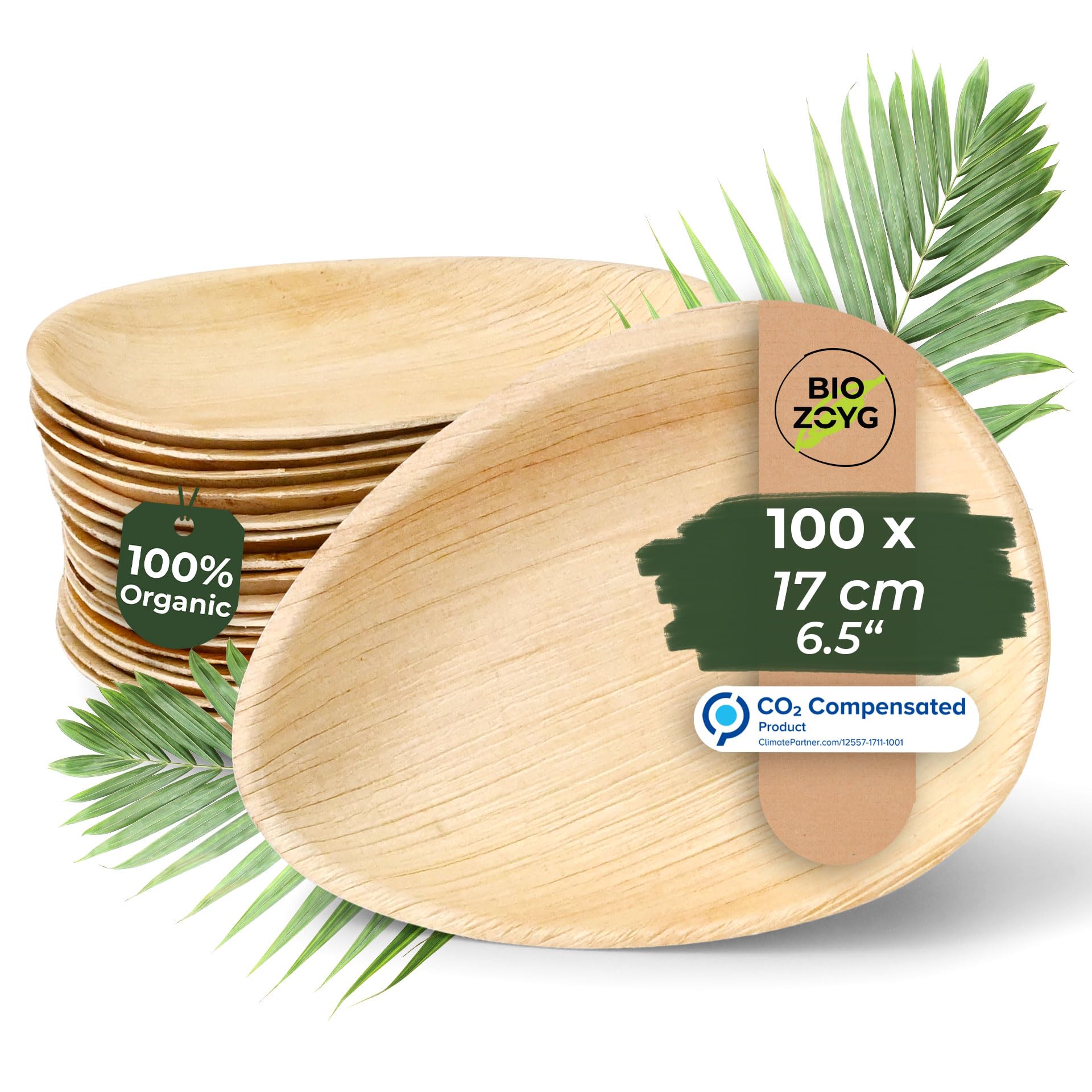 BIOZOYG 100x Platos de Hoja de Palma 17 cm - Platos de Vajilla Desechable de Hoja de Palma, en Forma de Gota - Vajilla Desechable Sostenible para Fiestas
