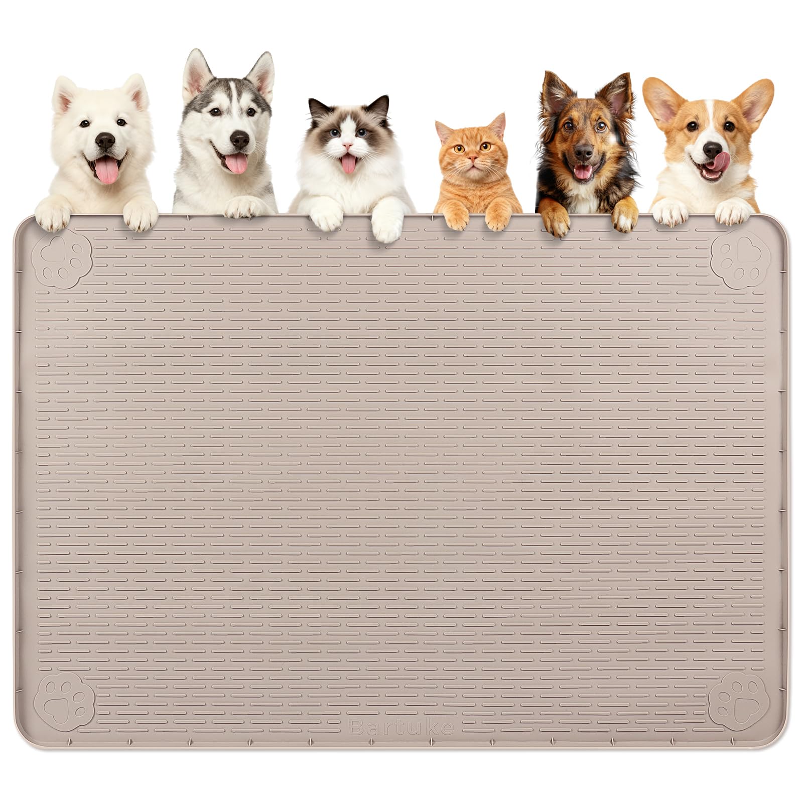 Bartuke Dog Food Mat, Extra Large 57" x 40" Silicone Pet Feeding Mat with Raised Edge Pet Placemat for Small, Medium, and Large Pets Non-Slip, Easy to Clean (Khaki)
