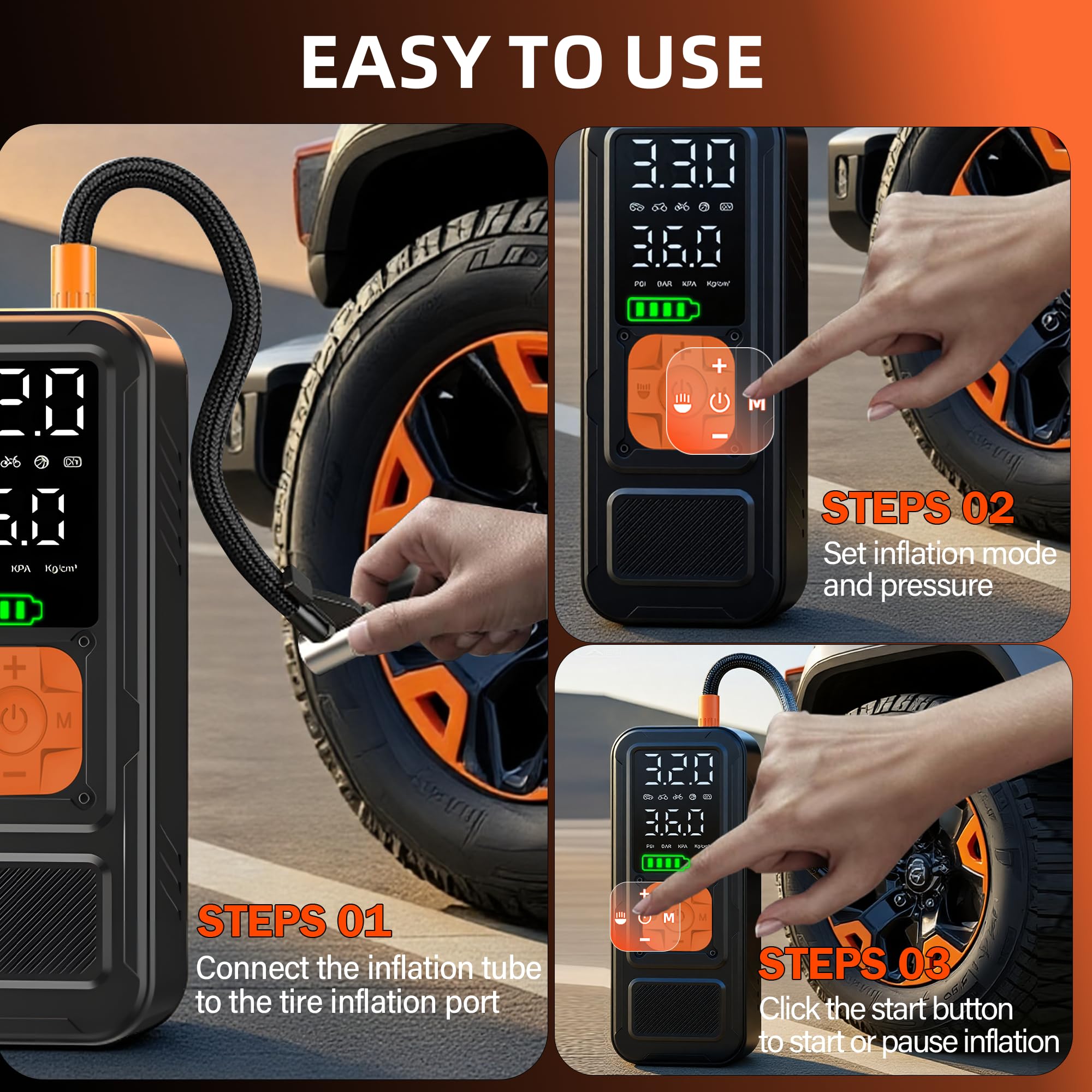 Compressore d'aria portatile, gonfiaggio 4 volte più veloce, 6000 mAh, senza fili, 12 V CC, 150 psi, pompa ad aria per pneumatici con manometro digitale/luce LED per auto, moto, bici, palla