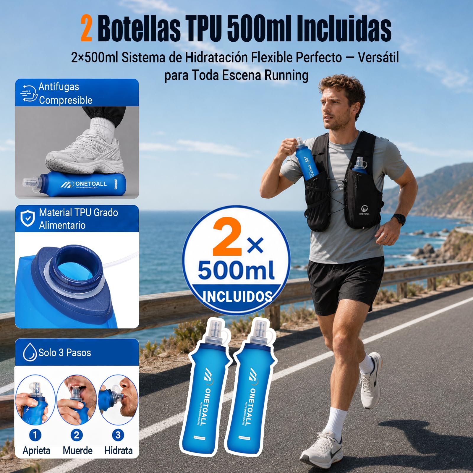 Chaleco Running Hombre Mujer con 2× Soft Flask 500ml y Luz LED Recargable, Chaleco Hidratacion Trail Running, Running Vest Ultraligero, Mochila Hidratacion para Correr Senderismo Montaña Bici