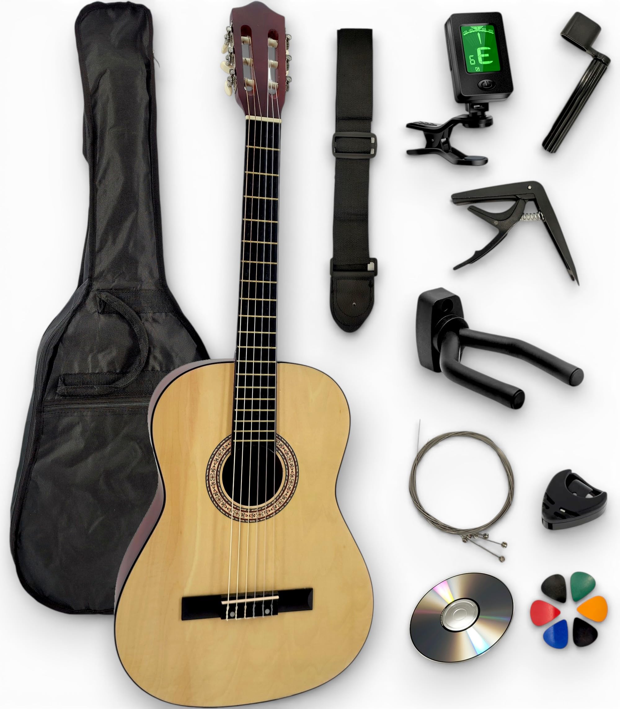 AMBRE - Pack Guitare Classique 4/4 Droitier + 10 Accessoires + CD & Cours Vidéo – Cordes Nylon, Livrée Accordée – Prime 24h (Naturel, 4/4, Droitier)