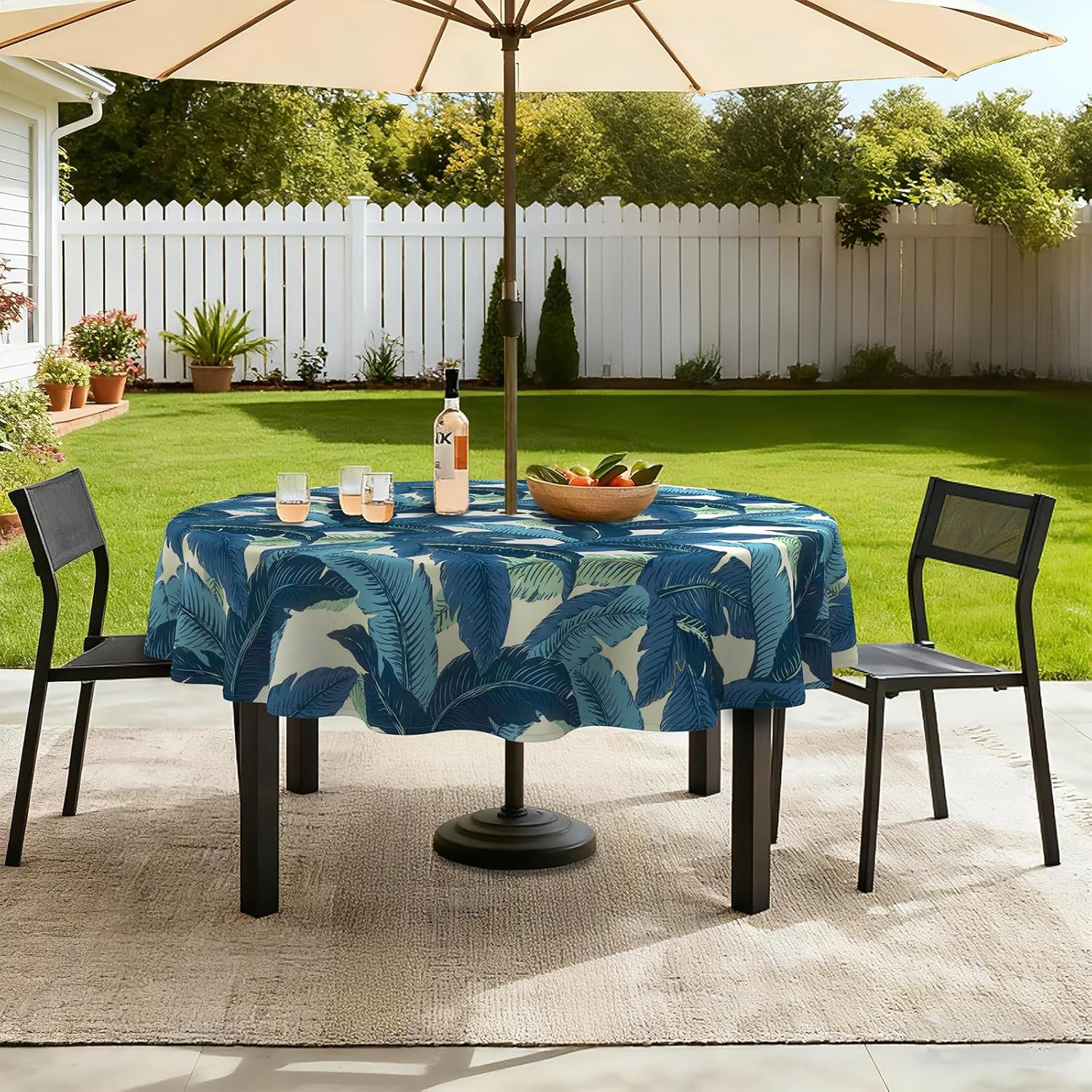 LVTXIII Outdoor Tablecloth with Umbrella Hole and Zipper, 60 Inch Water-Repellent Patio Table Cloth, Round Table Covers for Backyard Garden, Swaying Palms Blue