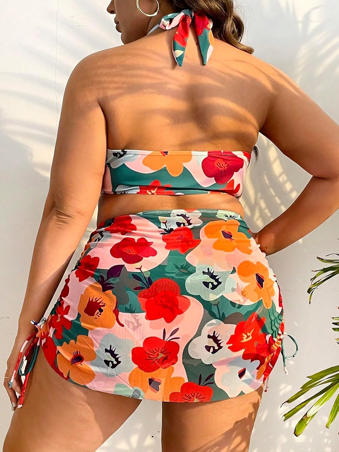 Plus Size Swimwear for Women Floral Halter Bikini Set with High Waist Bottom & Skirted Cover Up Tummy Control Swimsuit