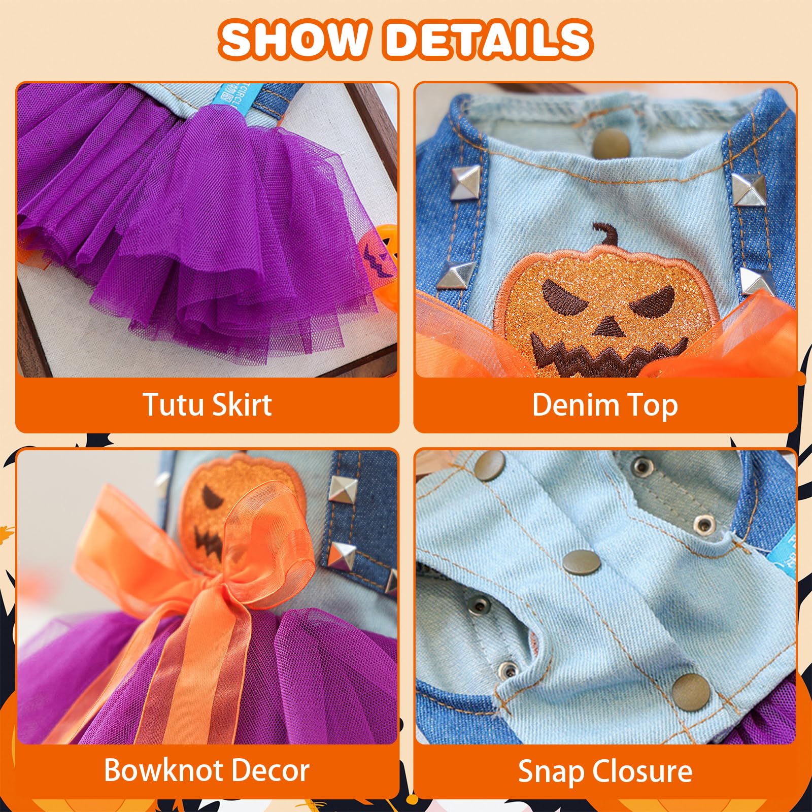 Yaopelky Dog Halloween Tutu Dress Holiday Dog Clothes for Small Medium Pets Pumpkin Pattern Cat Outfits with Denim Top Purple Tulle Skirt with Orange Bow Pet Costume (Pumpkin - Image 3