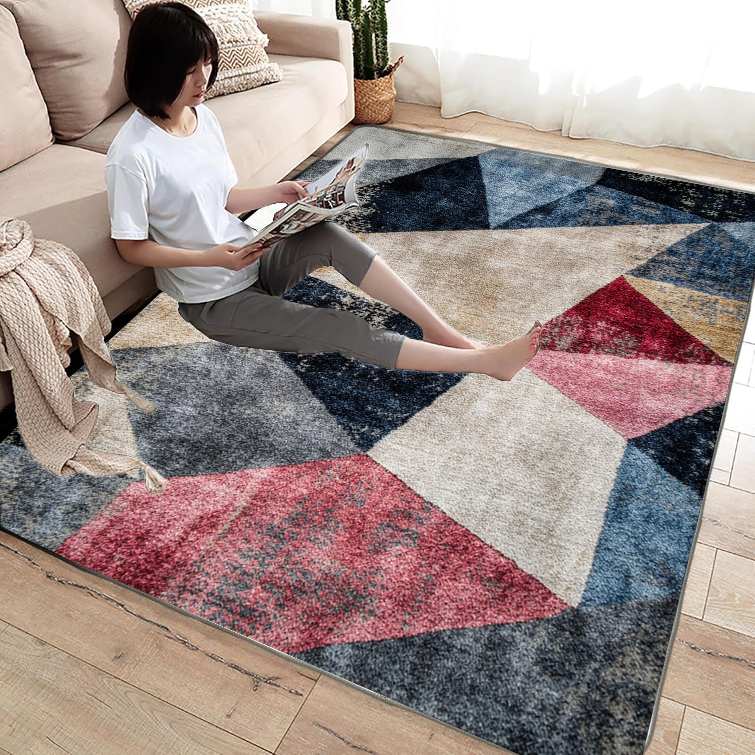 Kurzflor Teppiche Abstrakter Patchwork-Druck Teppich Wohnzimmer, Teppich Schlafzimmer, Teppiche, Deko Home.(blau)-180x240cm