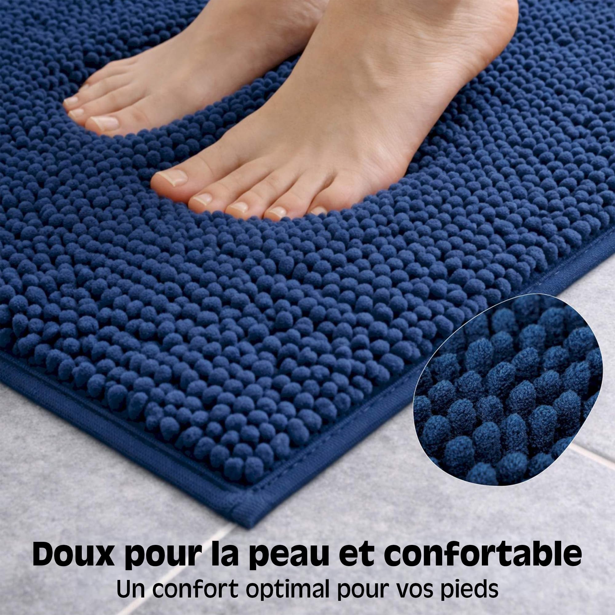 WohnDirect Tapis de Bain Bleu foncé 45x45 cm découpe – Antidérapant, Absorbant, Chenille Microfibre Ultra Douce – Confort Salle de Bain, Lavable Machine, Séchage Rapide