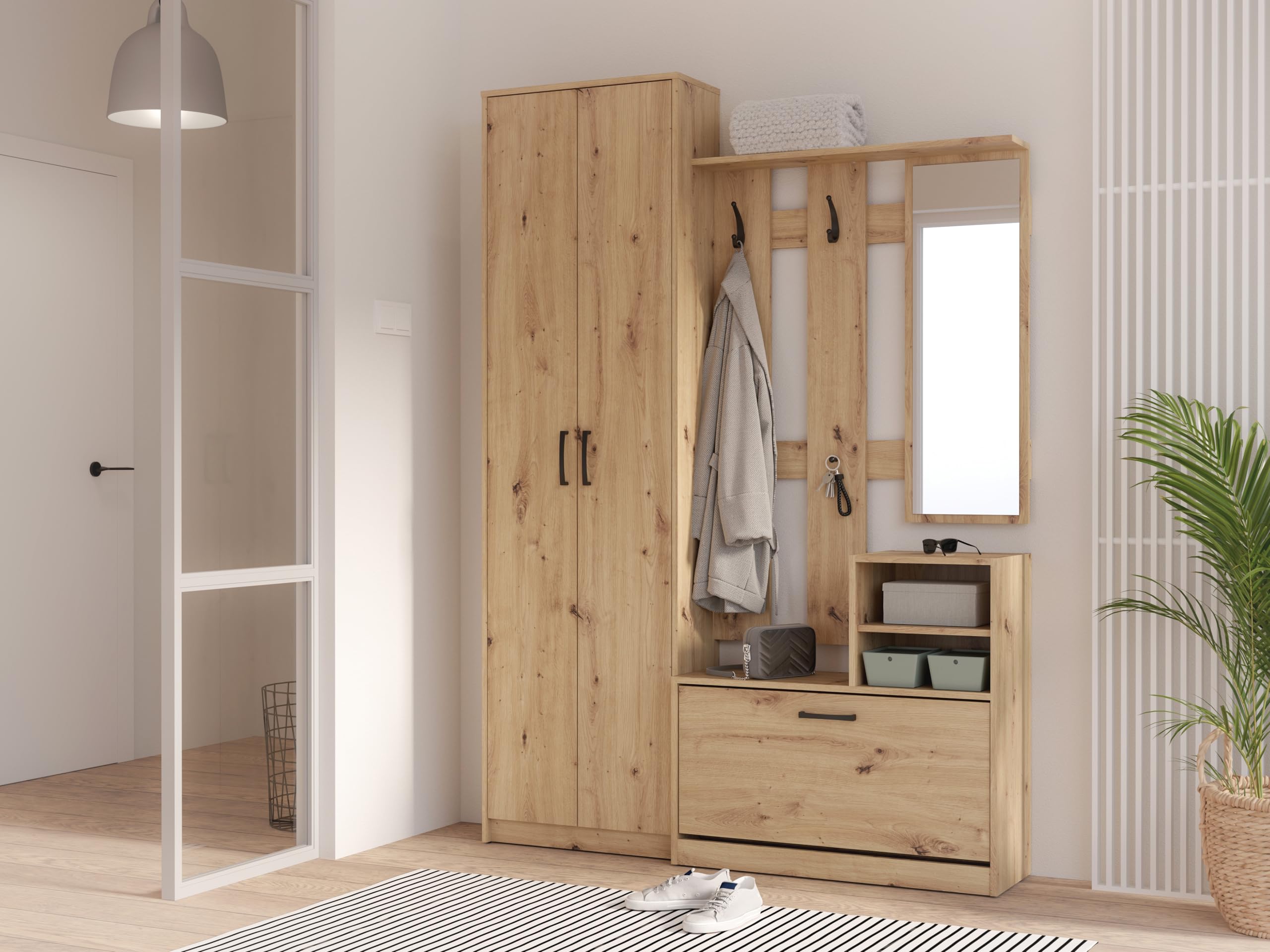 Forte NIKO Garderobenschrank 130 140, Skandi-Mehrzweckschrank, 2-türig, 1 Schublade, Spiegel, Haken, Flur, Artisan Eiche Holzdekor, 135 cm breit x 190,8 cm hoch x 28 cm tief