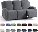 KinCam Recliner Couvertures, housses de chaise inclinable extensible, housse de canapé inclinateur Stripe Jacquard Couvercles housses protège-ameublement pour enfant d'animal (3 Seater, Gris foncé)