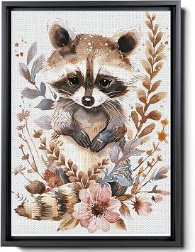 Cute Animal Cut File Watercolor Raccoon With Flowers, In The Style Of Gray And Amber, Charming Characters, Softmuted Colors, Canvas Prints