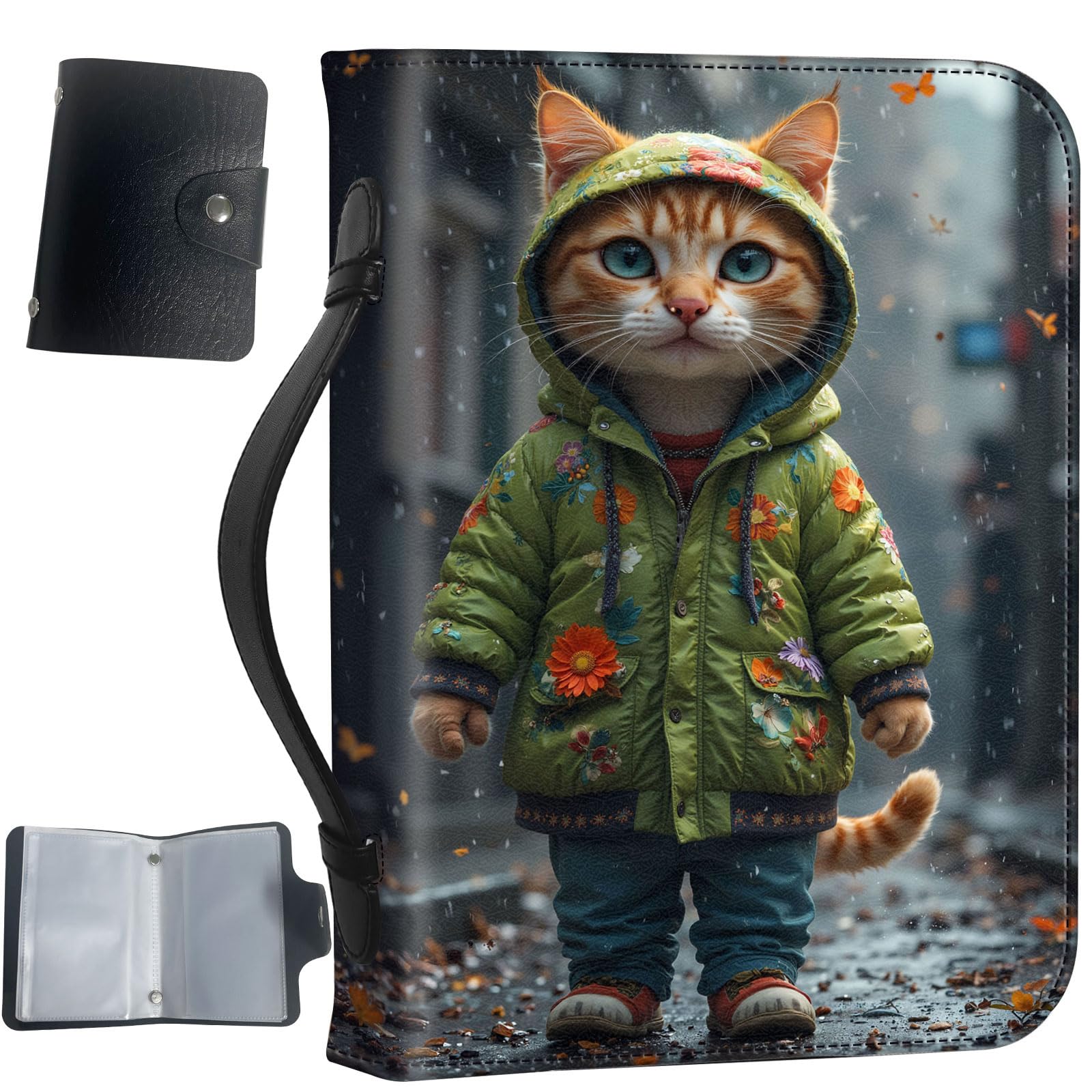 PU Leather Bible Cover with Handle & Pockets, Large Capacity Bible Case, Water-Resistant Scripture Organizer Bag with Bonus Card Holder, Christian Gift for Women & Men, Cat in Hoodie
