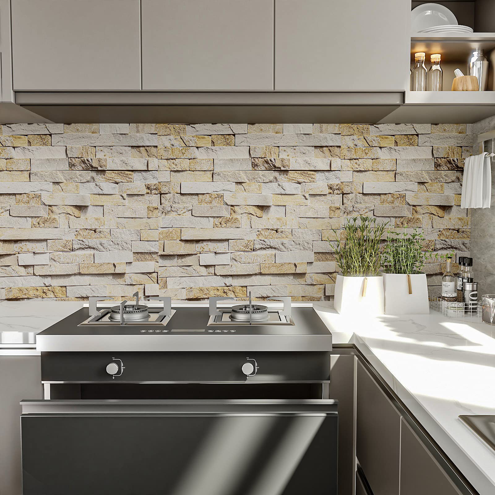 VEELIKE Carta da Parati Pietra Beige 60cm×900cm Pellicola Adesiva Effetto Mattoni Carta Adesiva Cucina Lavabile Pellicola Autoadesiva per Mobili Bagno Rivestimento Parete Soggiorno Camera da Letto