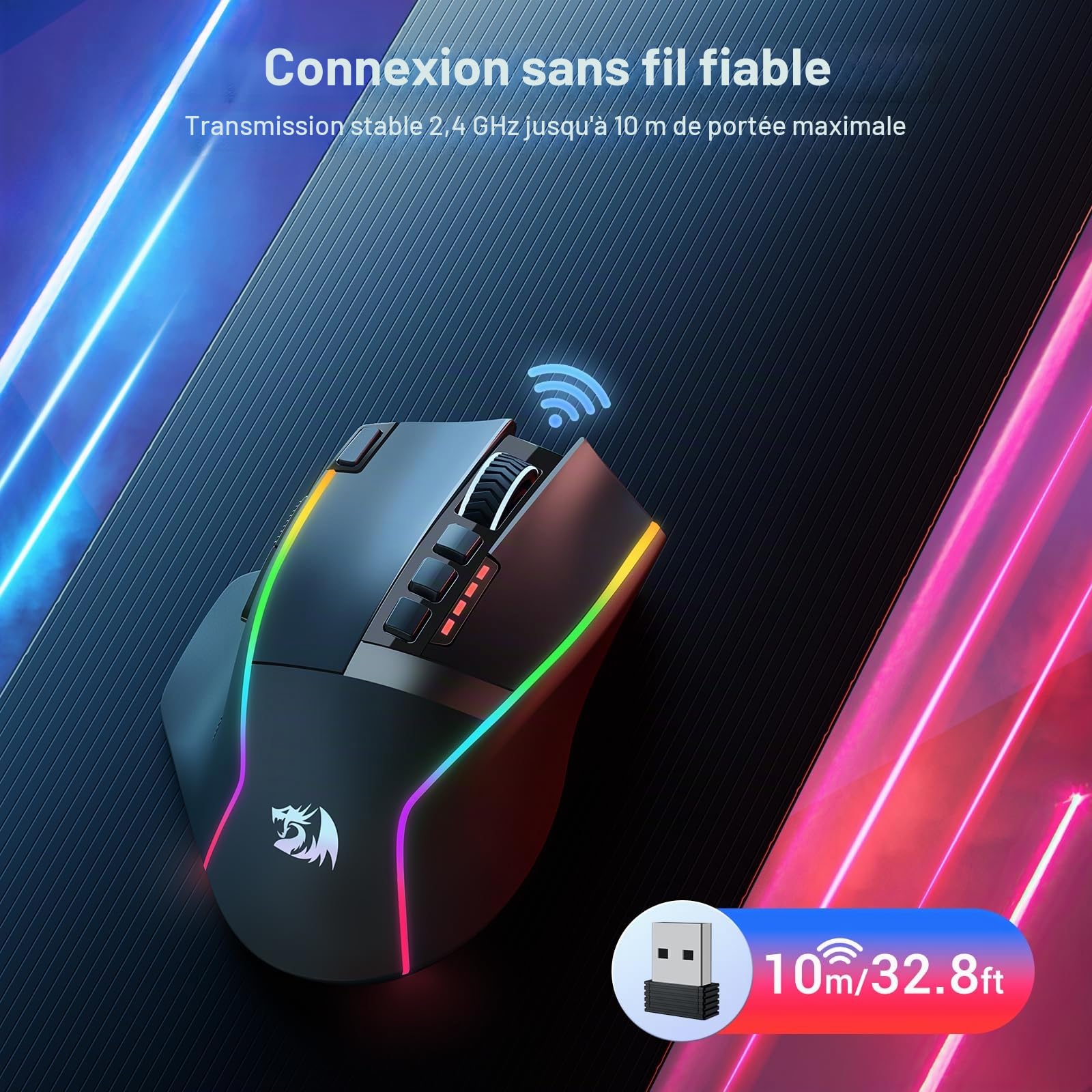 Redragon Souris Gamer Sans Fil, Souris Ergonomique 16000 DPI avec Bouton de Tir, 9 Boutons Programmable & Macro Editing, Souris de Jeu Sans Fil 170 Heures Soutenues et Rétroéclairage RGB pour Mac/PC