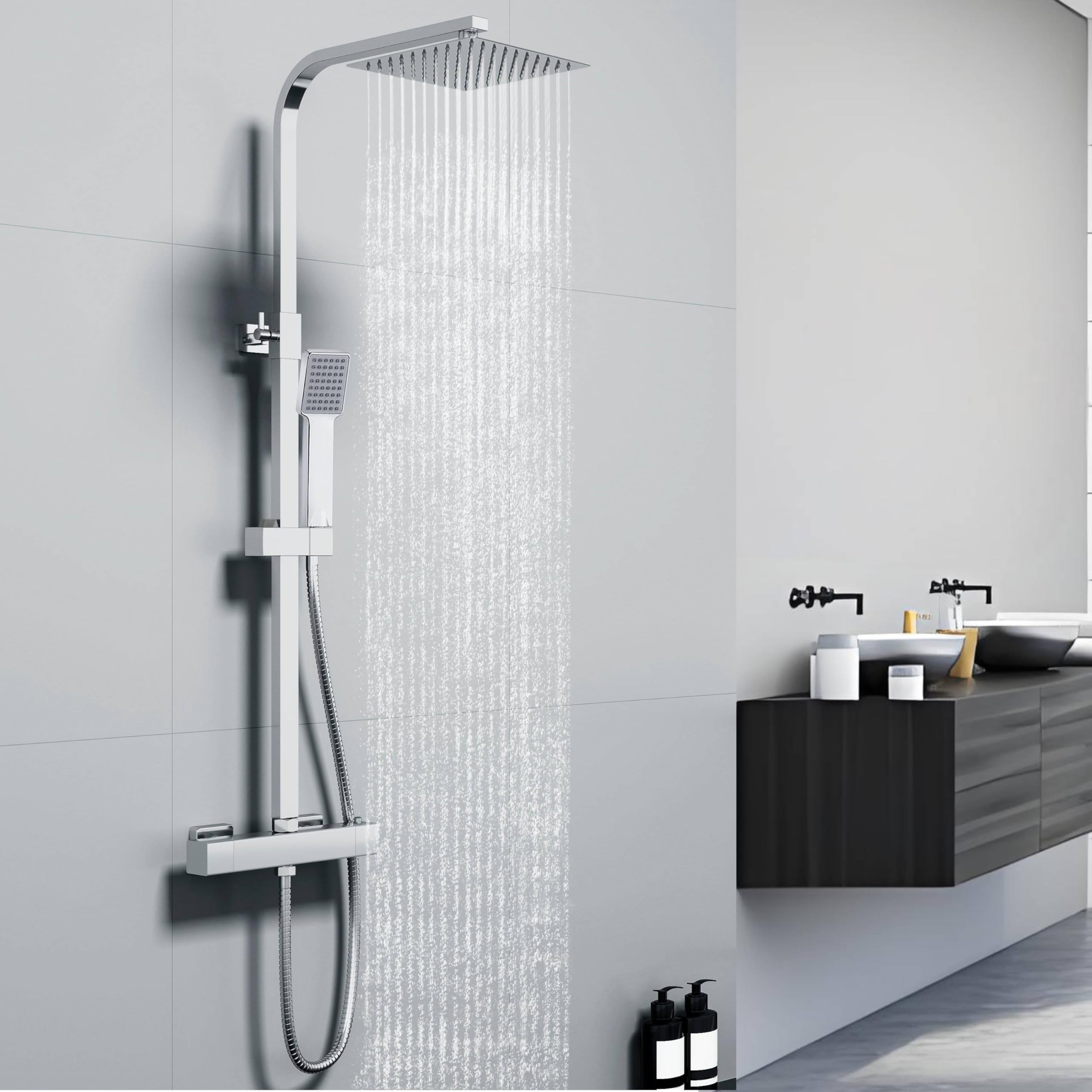 Colonne de Douche Thermostatique, Ensemble de Douche Hauteur Réglable sans Percement Supplémentaire Noir avec Douchette 3 Jets, Mitigeur en Laiton | Leroy Merlin