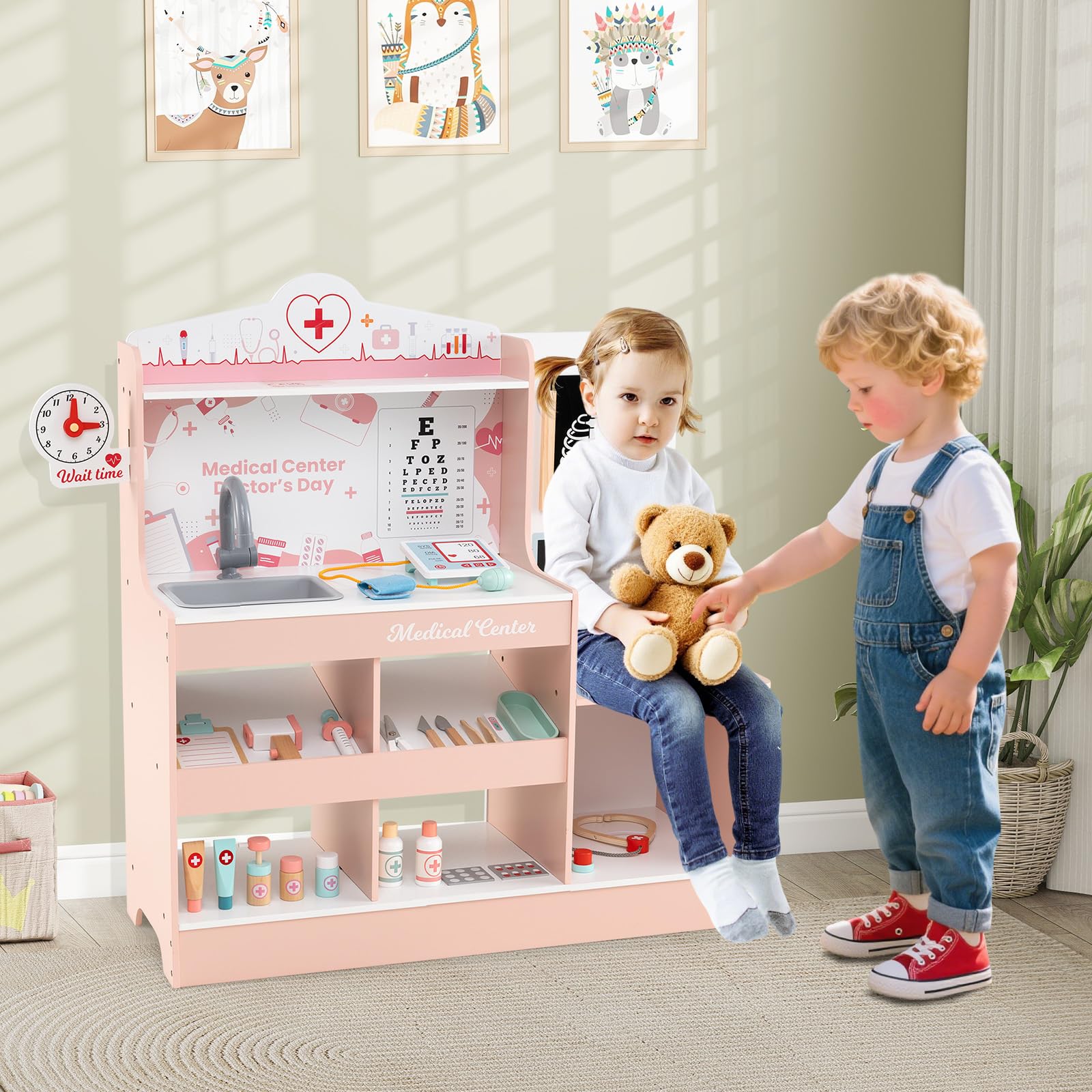 COSTWAY Set da Gioco Dottore in Legno, Centro Medico per Bambini con Orologio, Lavandino, Tabella Oculistica, Monitor ECG, Area Esame e 24 Accessori Giocattolo, 97 × 30,5 × 88 cm (Rosa)