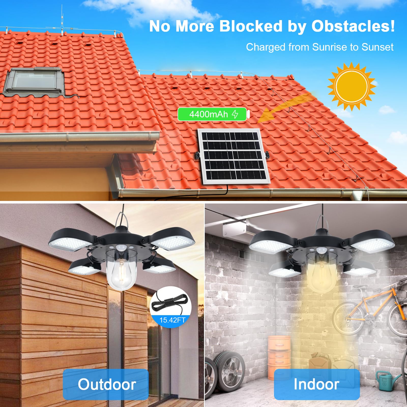 CaalLogt Solar Powered Pendant Lamp 192LEDs Solar Outdoor Shed Light Motion Sensor 5 Lighting Modes Indoor Work Light 4-Panel Hanging Lamp Waterproof Light for Gazebo Garage Shop Barn Home House - Image 2