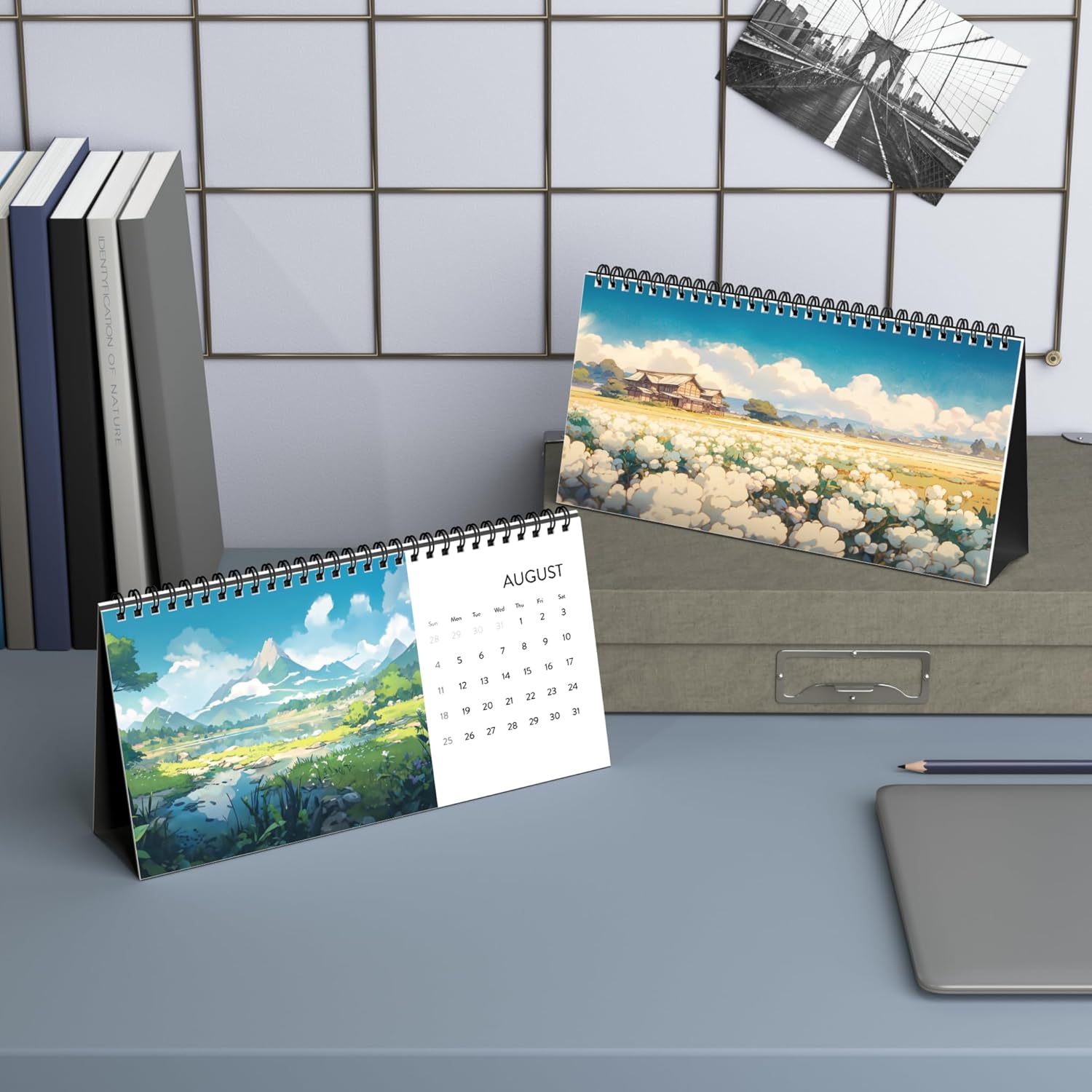 Kawaii Anime Landscape Desk Calendar, 4 Seasons, Cute Home Office Decor, Desktop Calendar 2024, Grid Calendar