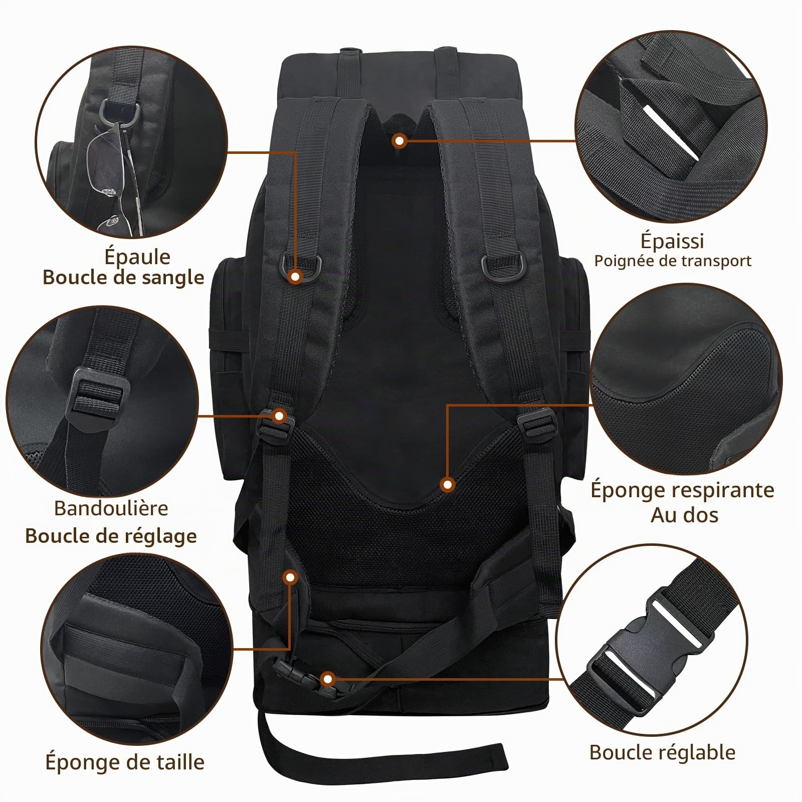 Sac à Dos de Randonnée 100L - Grand, Extensible, Imperméable, Tactique Militaire pour Camping, Voyage, Sport en Plein Air - Hommes et Femmes