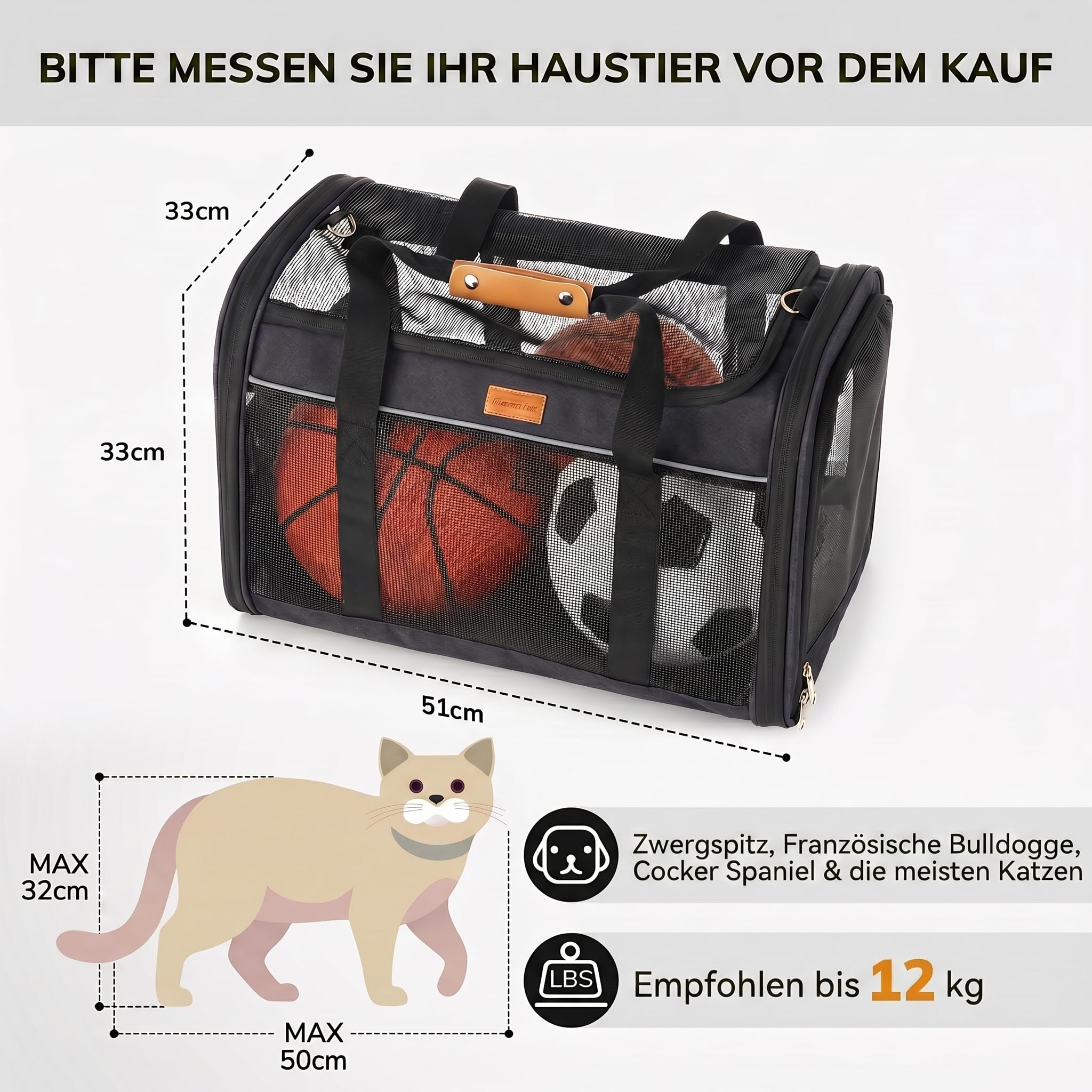 Morpilot Katzentransportbox für große Katzen & Welpen bis 12 kg, Transportbox Katze mit 4-seitigem Mesh, atmungsaktiv & komfortabel, Hundebox mit doppelseitiger weicher Unterlage und klappbarem Napf