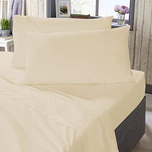 The Bed Linen Store 200 Thread Count Easy Care Poly Cotton Plain Dye Fitted Sheet 32cm (12.6") Deep - 4 Colours (King, Sand)