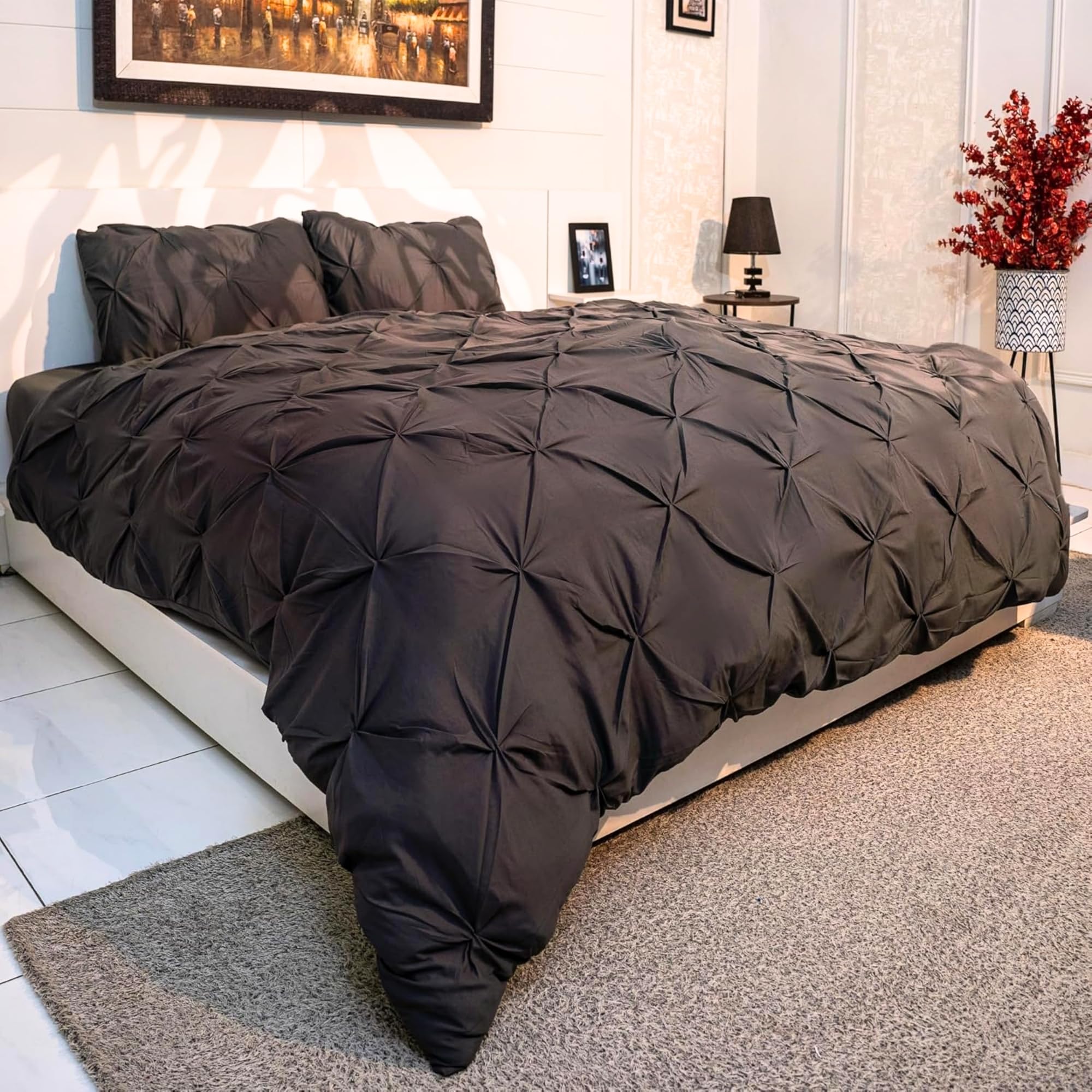 Q&H single Duvet Cover Set Pillow Pair Cases - Soft Polyester Microfiber Breathable & Washable Comforter Sets - Ultra Soft Comfy Quilt Cover Pintuck Design (Charcoal, Single 135x200cm)