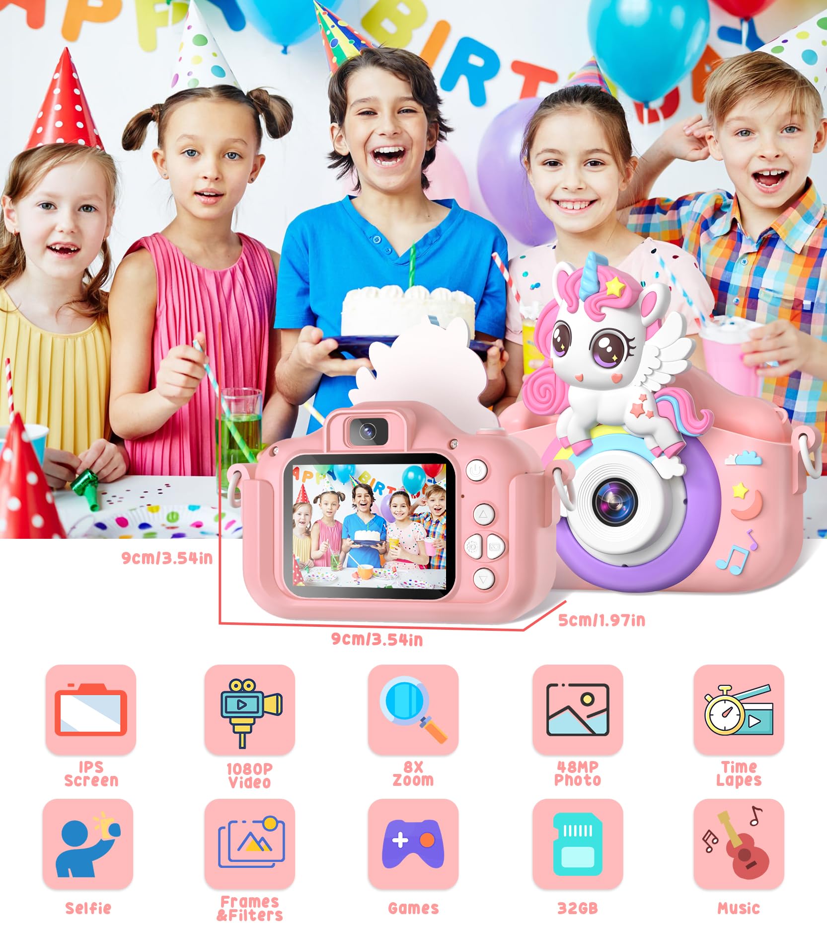 Gontence Macchina Fotografica Bambini, 2.0" Schermo Macchina Fotografica Bambino, Scheda SD 32GB | 1080p HD Filmati, Giochi Bambini 3 4 5 6 7 8 9 10 11 12 Anni, Regalo Bambina Femmina Digital
