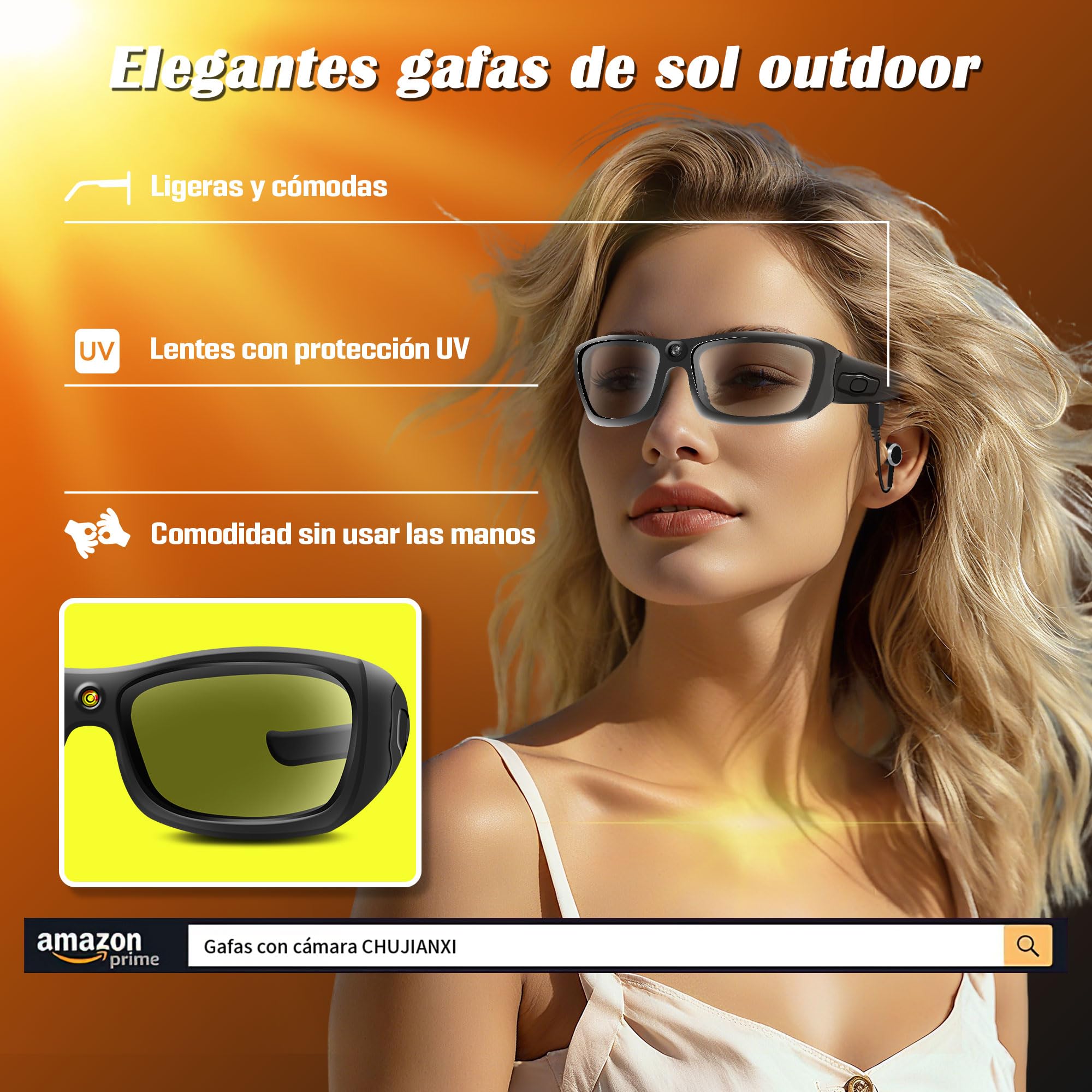 Mini cámara, Gafas con cámara y Bluetooth, Gafas de vídeo 1080p | Gafas de sol con cámara y lentes polarizadas UV400, gafas con cámara portátiles para deportes al aire libre, ciclismo