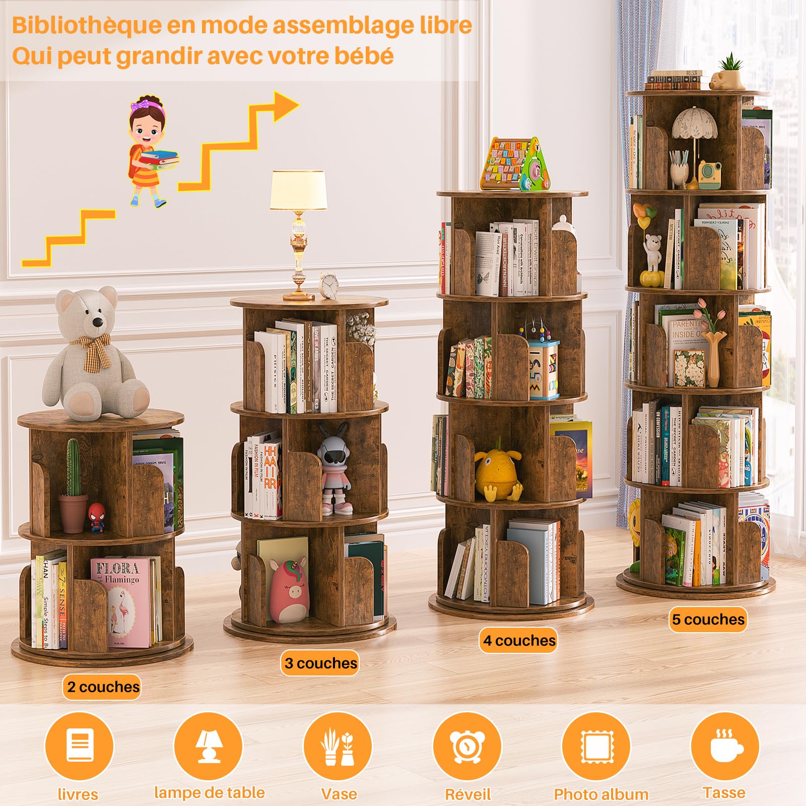 iSunirm Bibliothèque rotative à 5 Niveaux, Tour en Bois, bibliothèque Ronde pivotante à 360°, étagère étroite pivotante à roulettes, pour Chambre à Coucher, Bureau, Marron