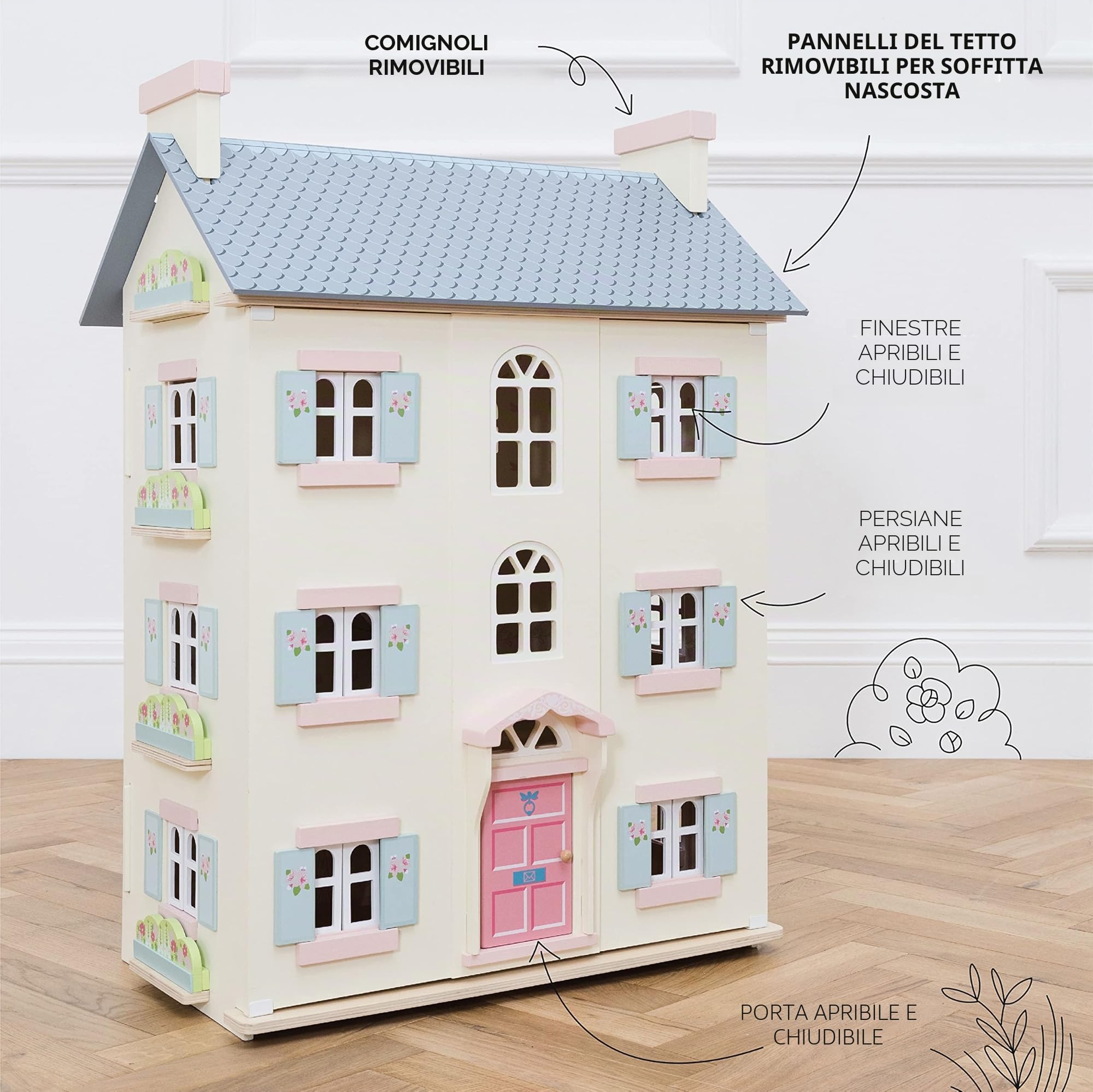 Le Toy Van Casa delle bambole Cherry Tree Hall in legno certificato FSC, 3 anni, per bambina, 3 piani, l 64 x p 41 x h 92 cm, con scala interna, finestre e porte apribili, Montessori
