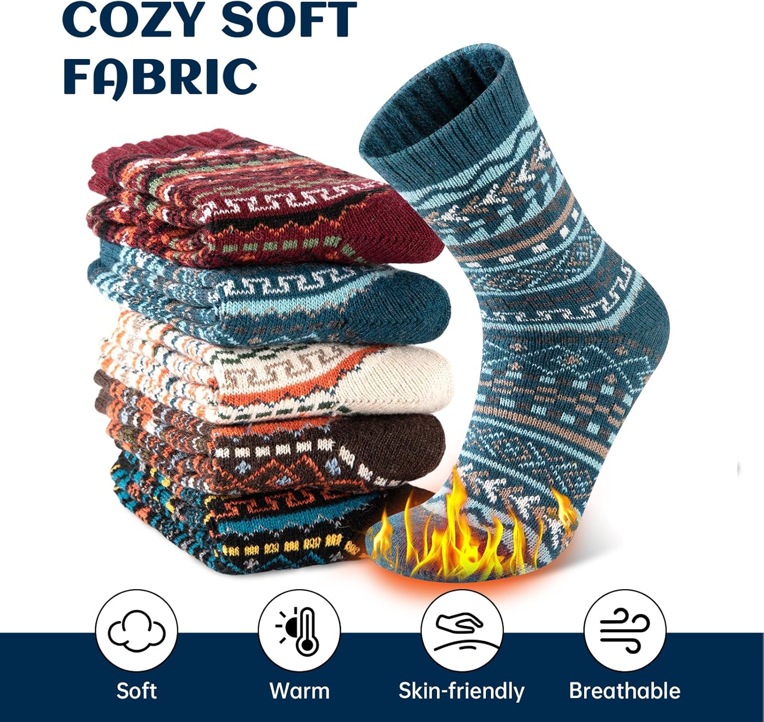 COOPLUS Wool Socks Mens Thick Winter Warm Hiking Pattern Thermal Crew Socks for Cold Weather 5 Pairs - Image 4