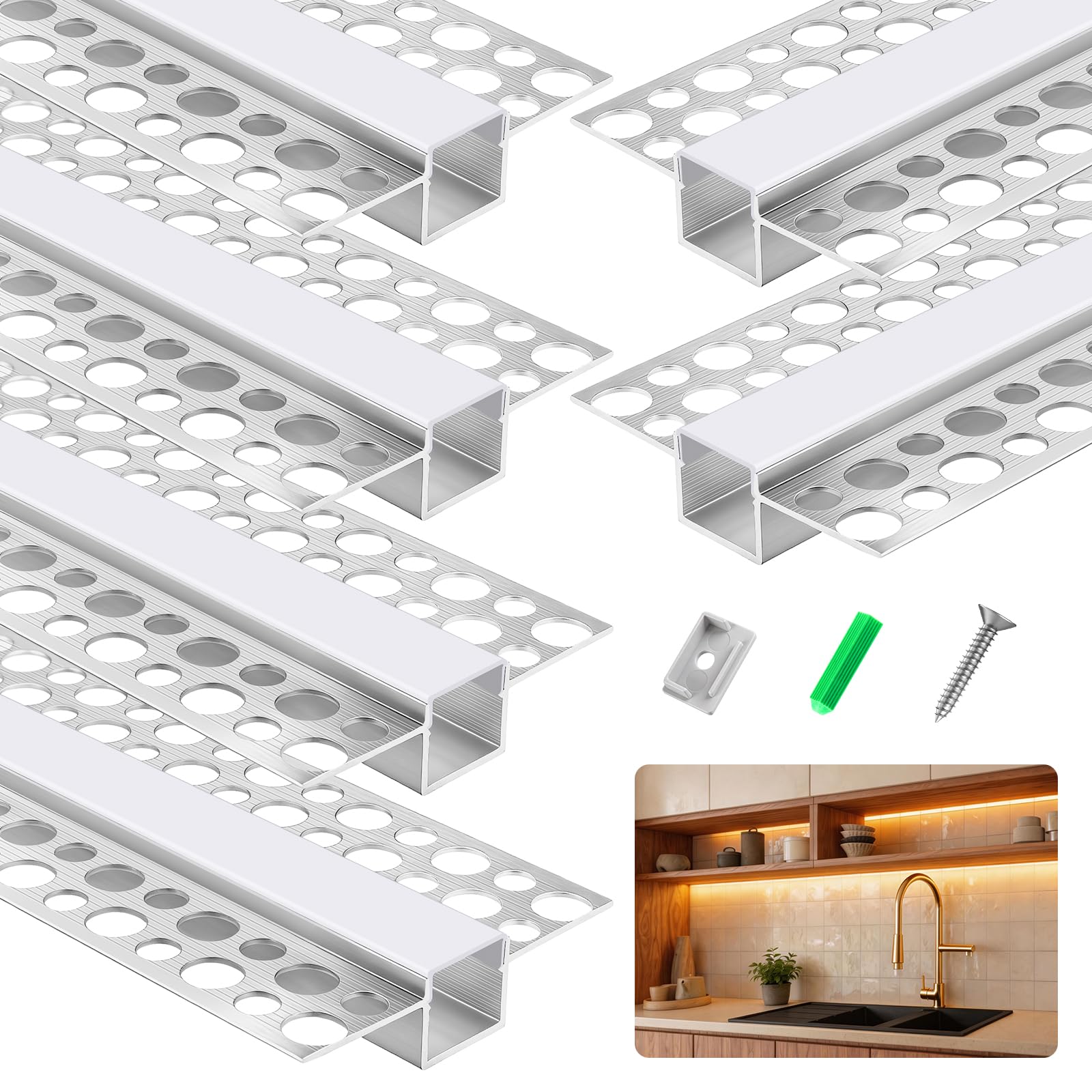 Profili LED intonacati, confezione da 6 canaline in alluminio da 1 m/1 m, con diffusore lattiginoso, adatto per strisce LED fino a 13 mm di larghezza, doppia flangia senza bordo, striscia LED per