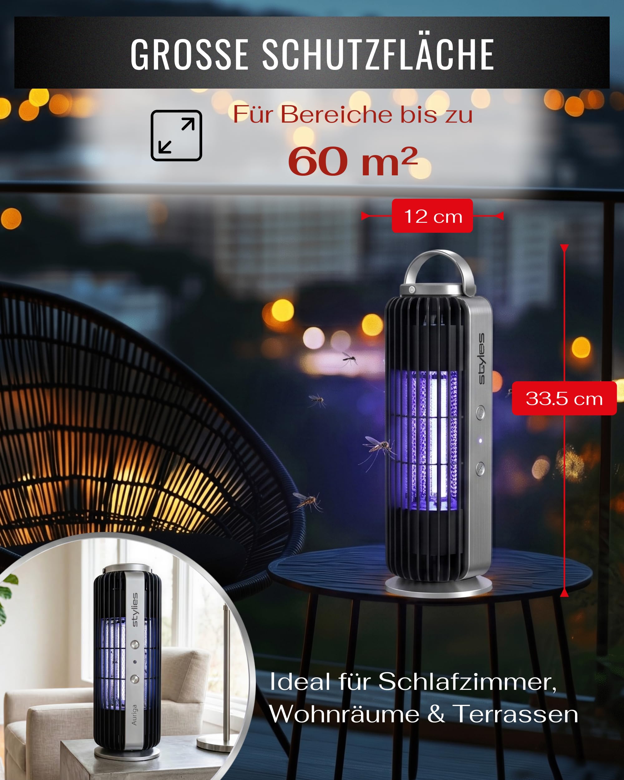 Premium Mückenfalle, Insektenvernichter elektrisch mit UV-Licht, leise Fliegenfalle für Innenbereich, Mückenlampe mit Lichtsensor & Ventilator, 8W | Chemiefreier Betrieb hält Innen- und Außengärten frei von Schädlingen, zielt Wespen und Motten ohne giftig