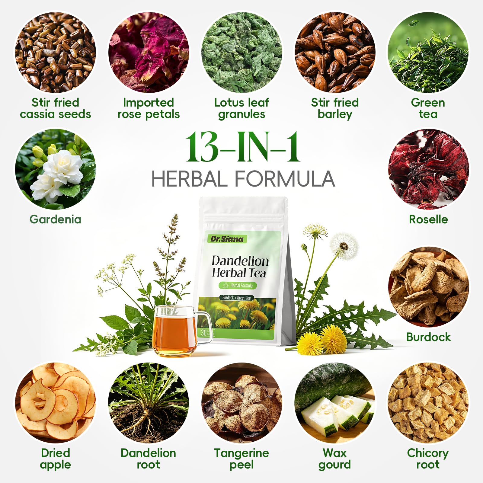 Dr. Siana - Bolsas de té de raíz de diente de león, té de raíz de bardana y té verde, 5 g x 30 bolsitas de té, té de hierbas naturales de primera calidad, apoya la función digestiva