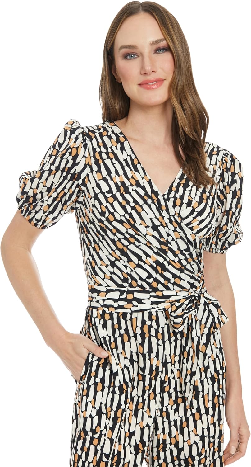 London Times womens Women's Short Sleeve Wrap Jumpsuit With Pockets - Wide Leg Fitted Waist - Special Occasion Jumpsuits - Image 5