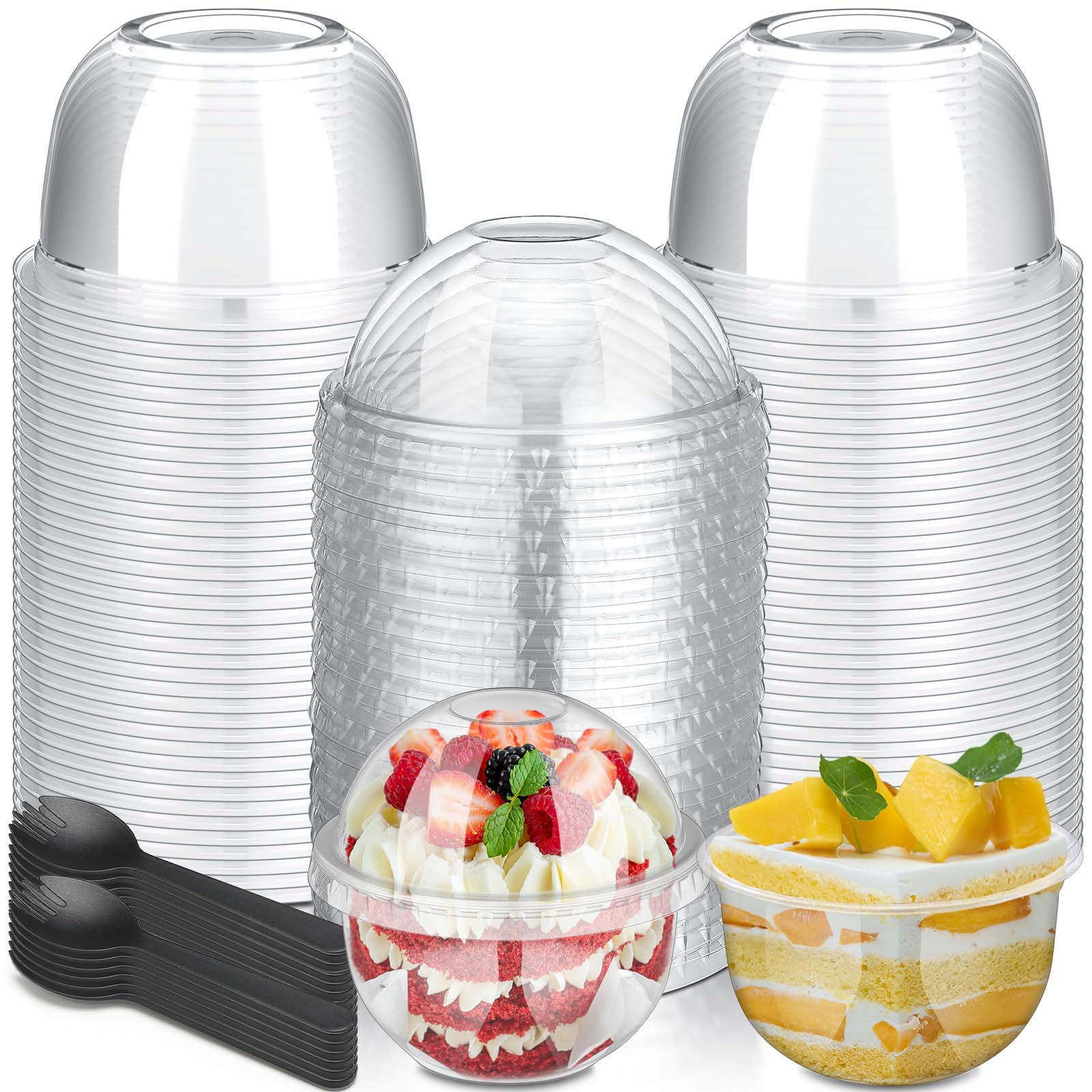 Jingmore 150 Pack 8.45 oz Plastic Cups with Dome Lids and Spoons Business Clear Dessert Cups with No Hole Lids Mini Disposable Parfait for Fruit Ice
