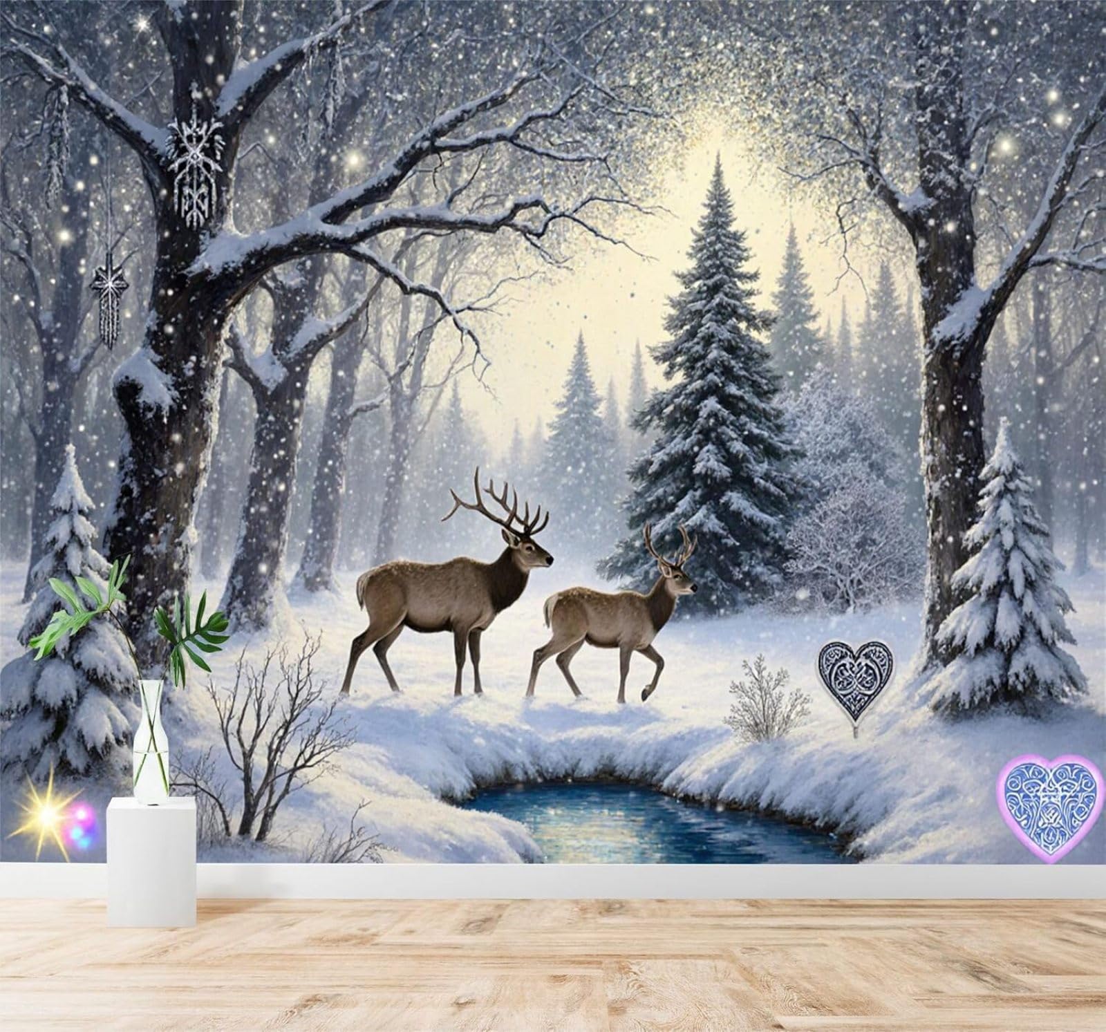 Tzxztt Picturesque Winter Forest Snowy Landscape Fawn Frozen River Modern 3D Wallpaper Premium Textured Silk Neutral Tones Material Ideal for Living Room Bedroom-400cm×280cm