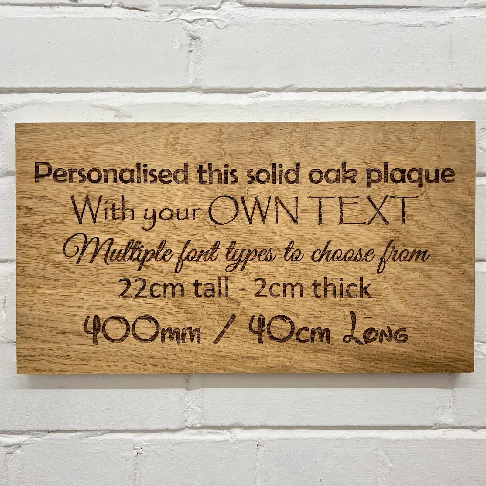 Personalised Engraved Solid Oak Plaque (multiple size options) Wall Sign House Name Custom Wooden Indoor/Outdoor Sign (40cm x 22cm)