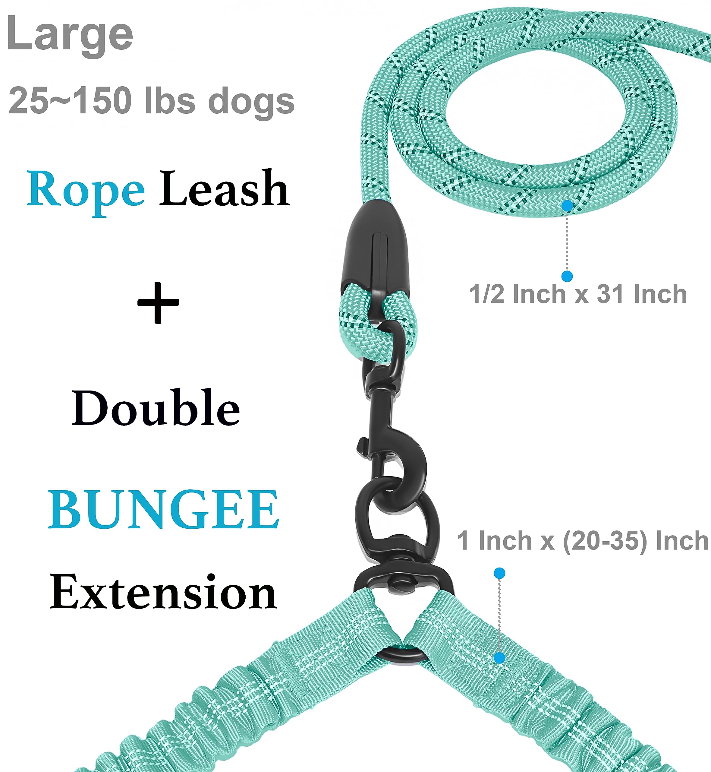 iYoShop Dual Dog Leash - 360° Swivel, No Tangle Walking Leash with Shock Absorbing Bungee for Two Dogs (Large, 25-150 lbs, Teal)