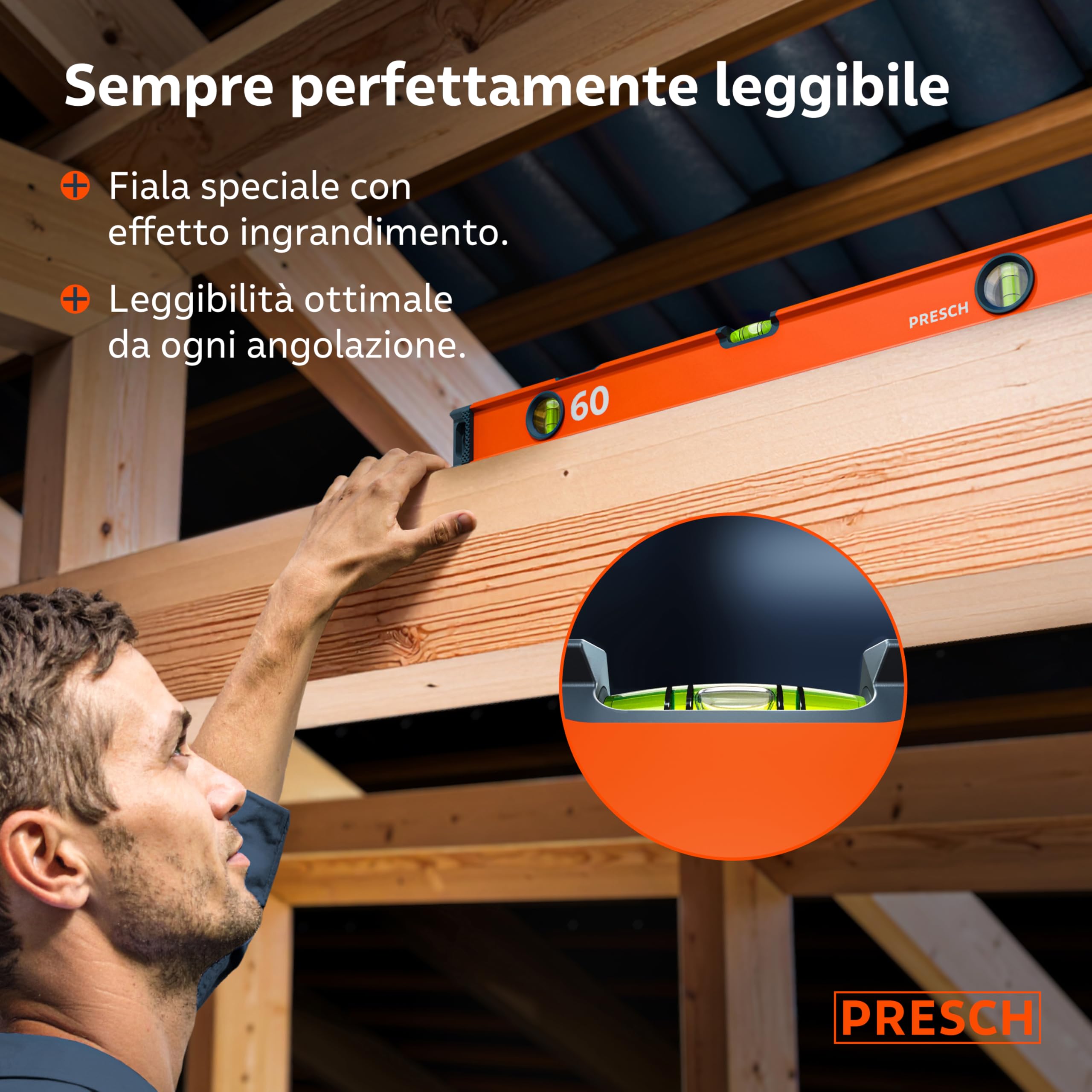 Presch Livella a bolla 60cm - Fiala infrangibile con pendenza 2% - Finestra di lettura verticale - Tappi antiscivolo innovativi - Superficie di misura precisa