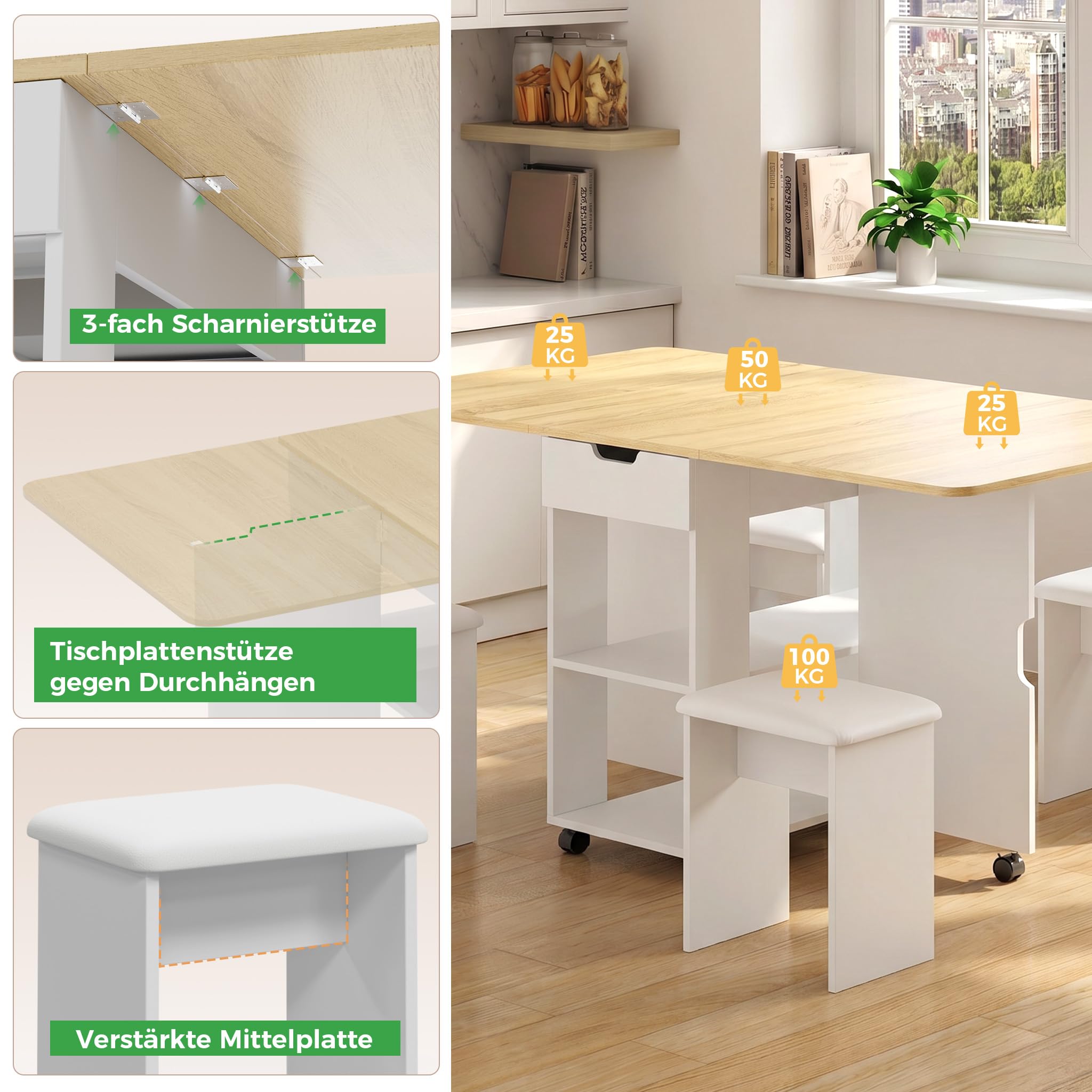 Mondeer Essgruppen, Klappbarer Esstisch mit 4 Stühlen und Schublade, Esstisch Set mit Rollen und 2 Offenen Ablagen, für Kleine Räume Esszimmer Küche, 140 x 80 x 75 cm (Eiche und Weiß)