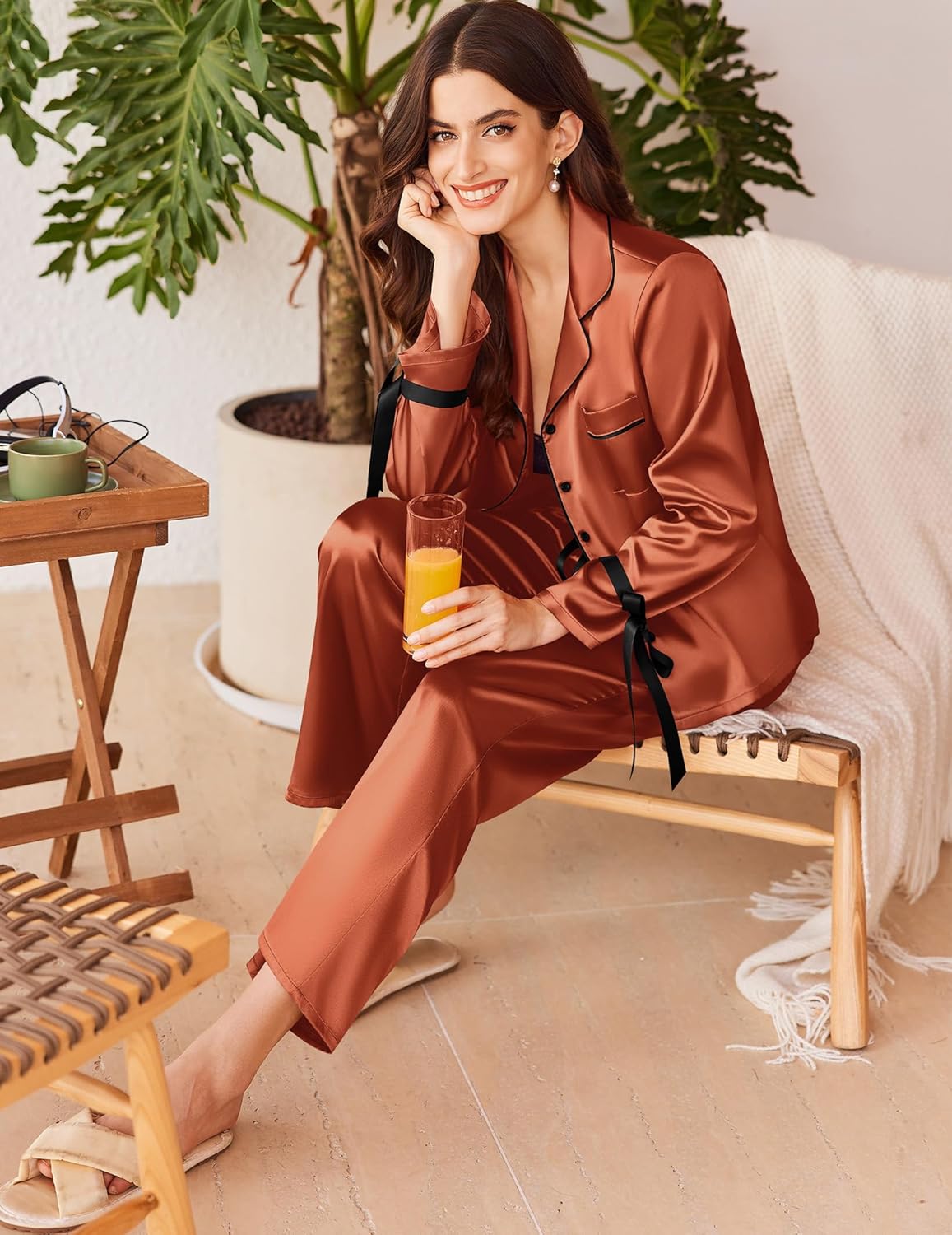 Ekouaer Women Classic Button Down Long Satin Pajamas Set,Bow Tie Silky Cute Pjs Sets Fancy Loungewear - Image 4