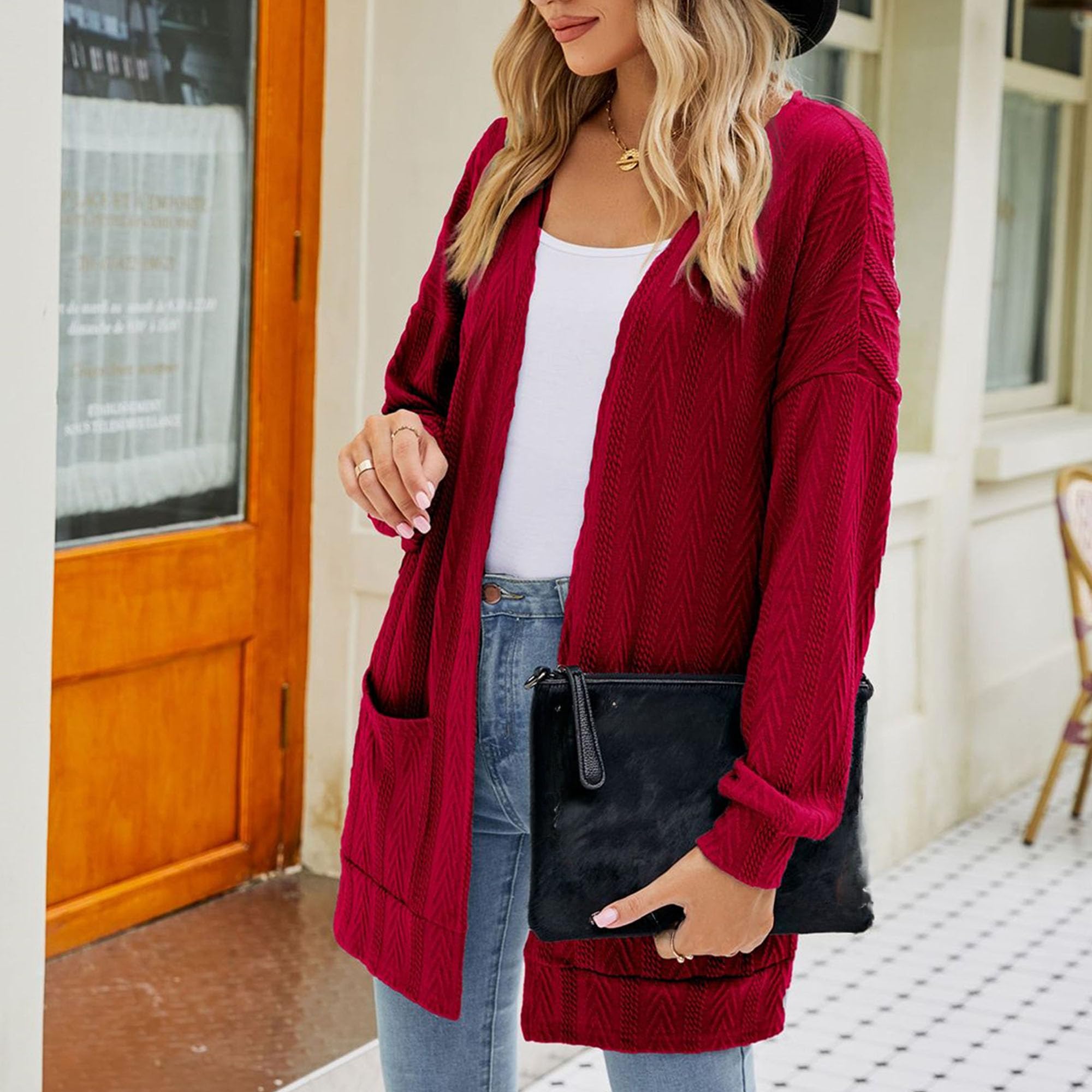 Women's 2024 Fall Open Front Long Cardigan Batwing Sleeve Chunky Knit Sweater Loose Outerwear Coats with Pockets (Medium,Red)