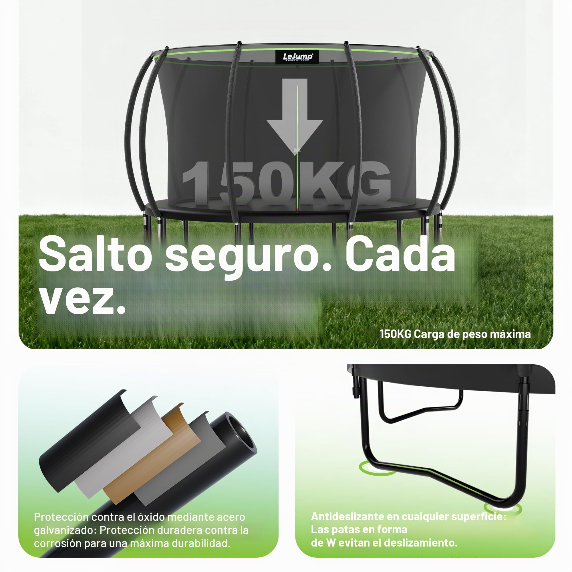 LeJump Cama Elástica Exterior de 235/305/366 cm, Cama Elástica de Jardín para Niños con Red de Seguridad Alta y Escalera, Camas Elásticas Certificadas GS, Capacidad Máxima 100/150 kg