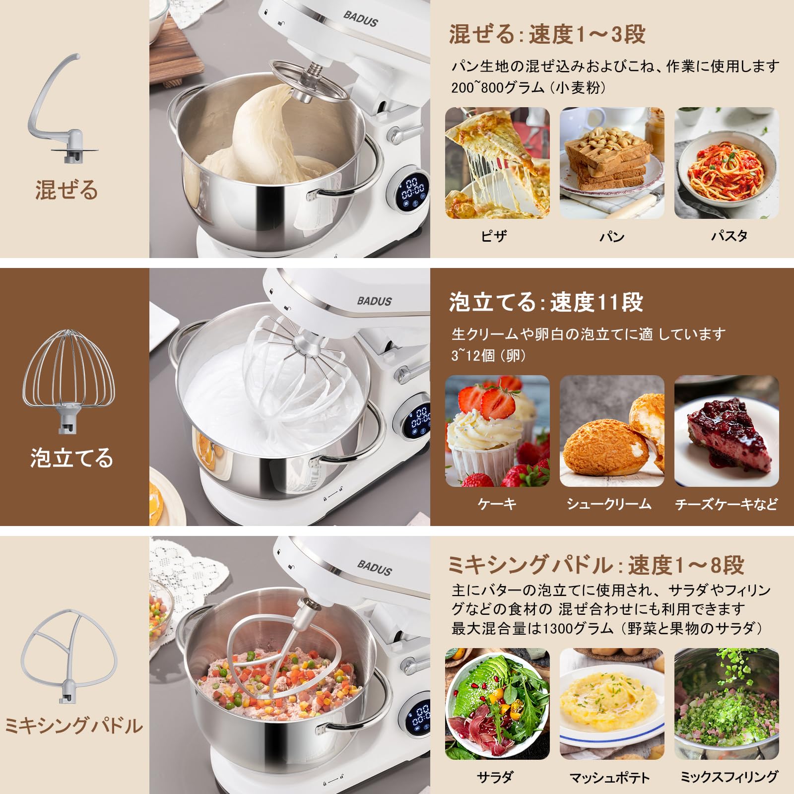 Amazon.co.jp: スタンドミキサー 卓上型ミキサー 5L大容量 3種類