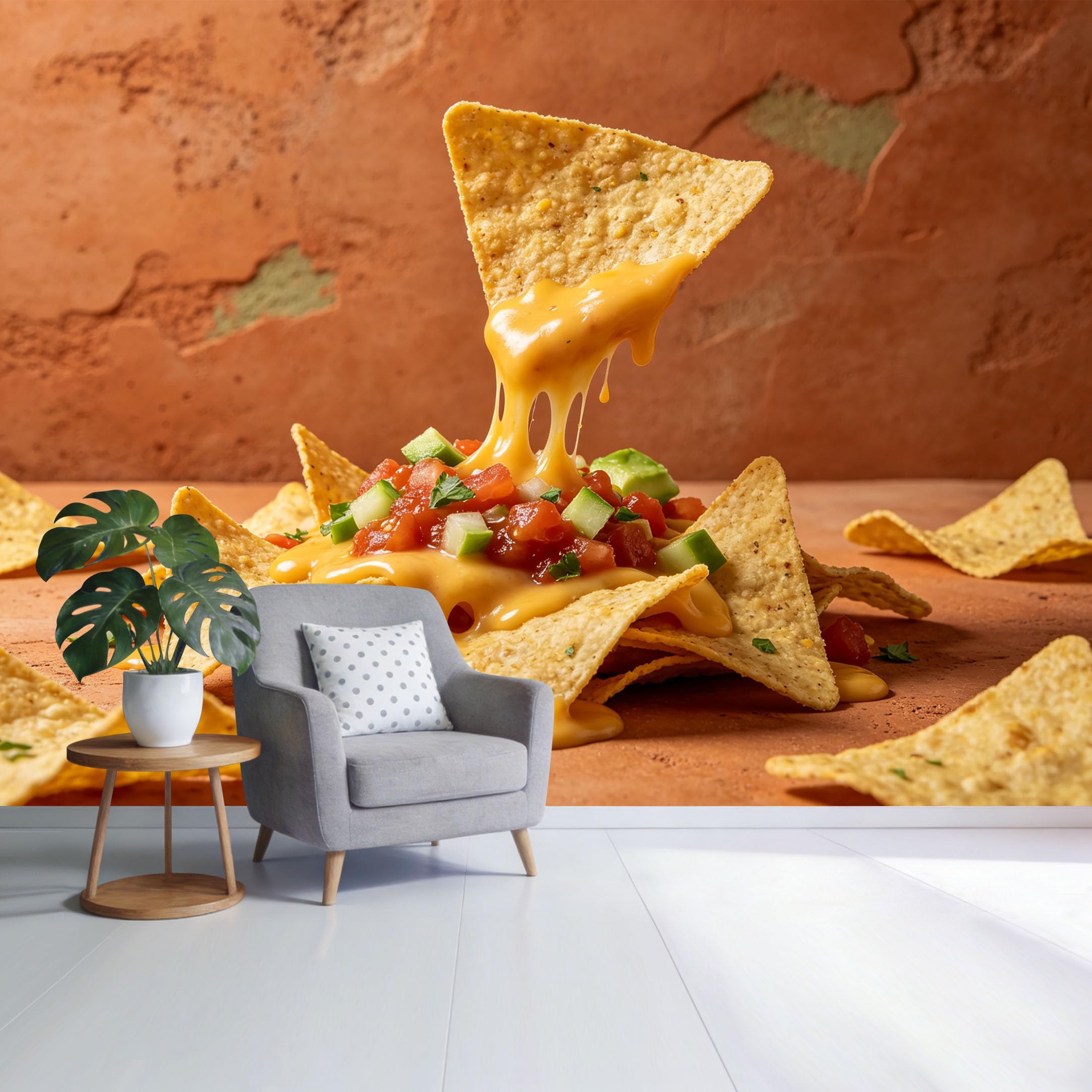 Custom Size Wall Mural Nacho Chips with Melted Cheese and Salsa Minimalist Food Photography SelfAdhesive Wall Fabric Removable Wallpaper for Home Office Decor
