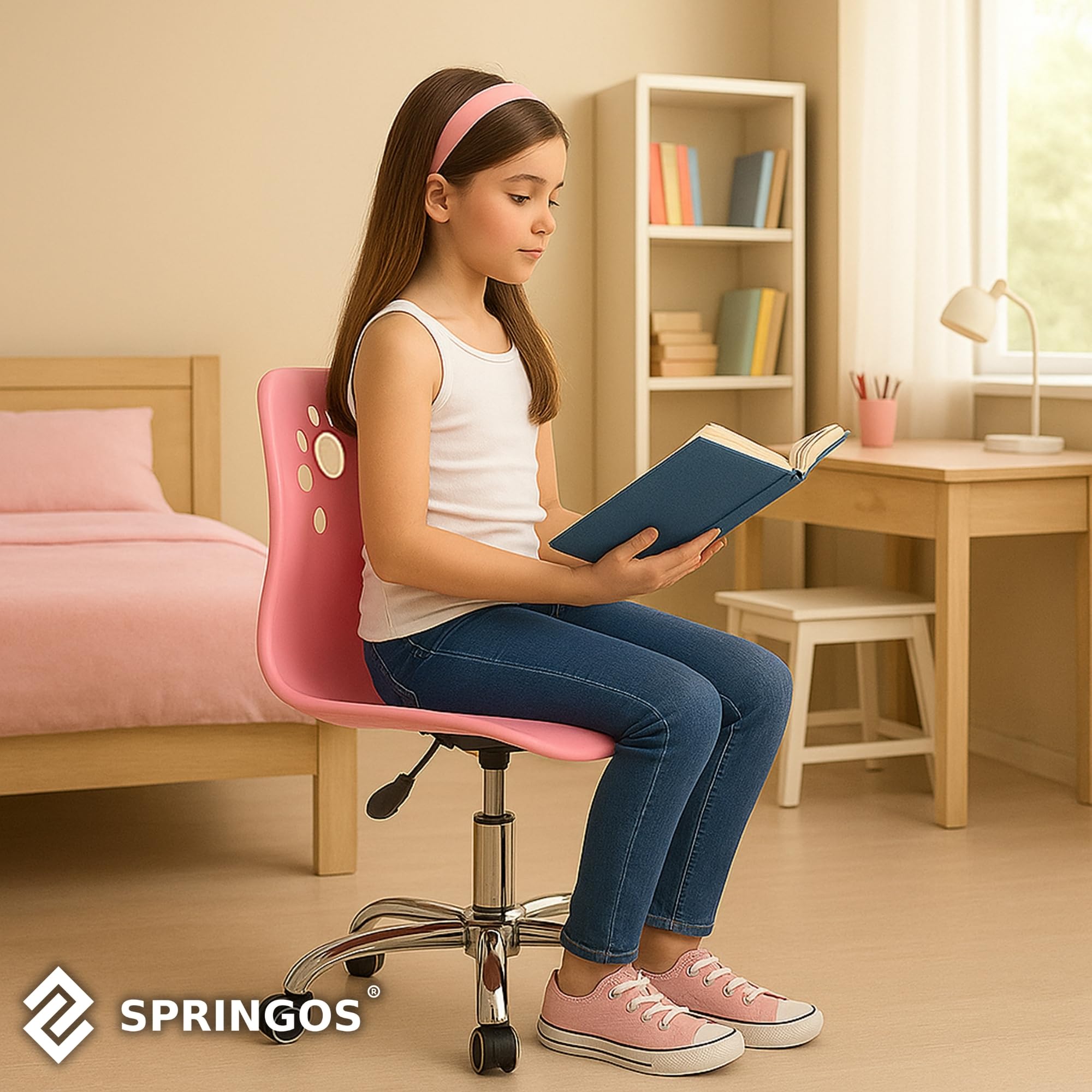 Schreibtischstuhl Mädchen Kinder ab 6 Jahren Rosa höhenverstellbar + Kinder schreibtischstuhl ergonomisch mit Rollen & Komfortpolster für Schulaufgaben & Lernen - Drehstuhl Kinderzimmer Pastell