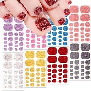 8 Sheets Gel Toe Nail Strips Solid Color Glitter Toenail Polish Strips Gold Silver Pink Blue Nail Wraps Stickers Glossy Designs Self-Adhesive Nail Art Stickers Full Wrap Toenail Decals for Women DIY